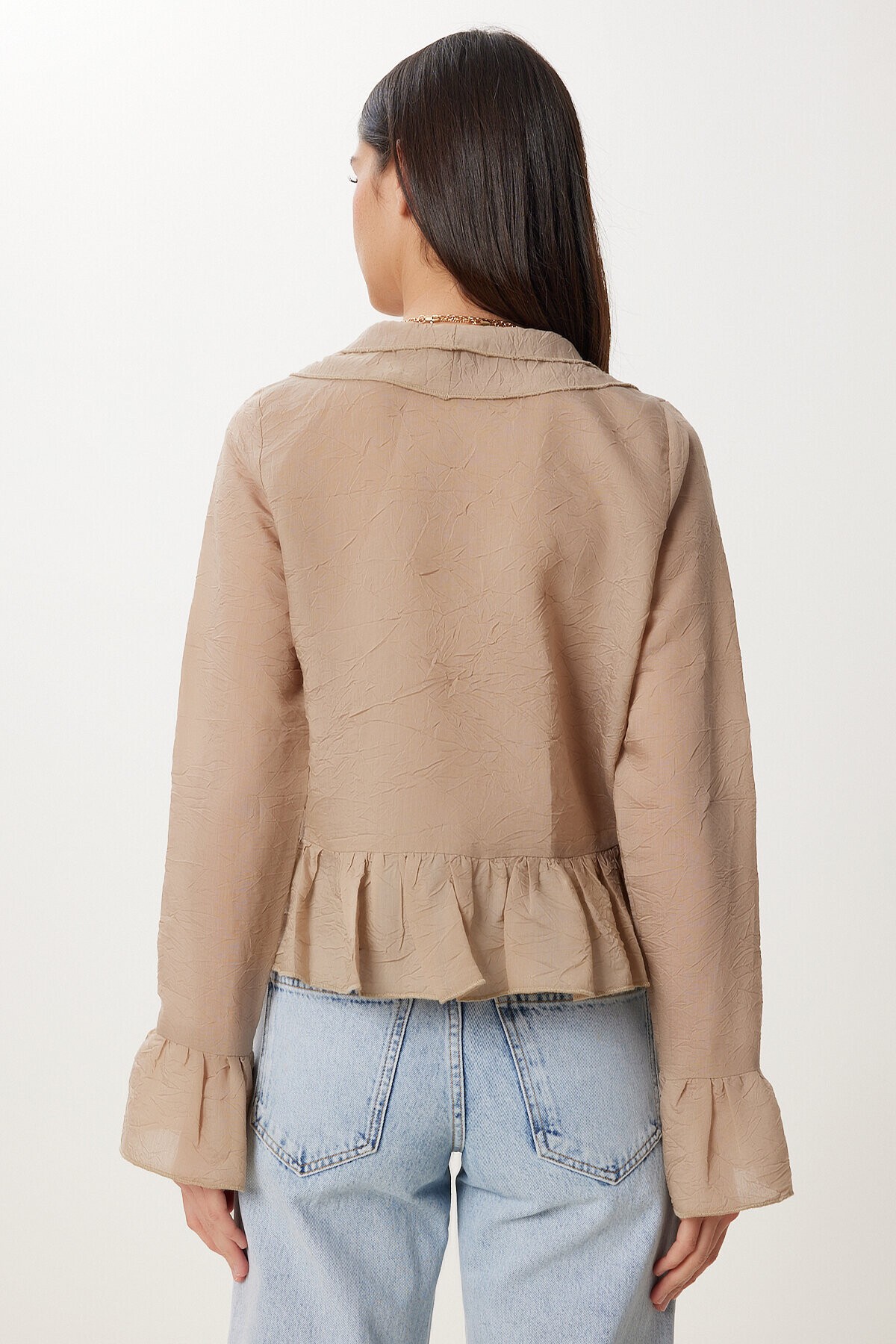 Dokulu Volanlı Hafif Transparan Modal Bluz BEJ LMX0099