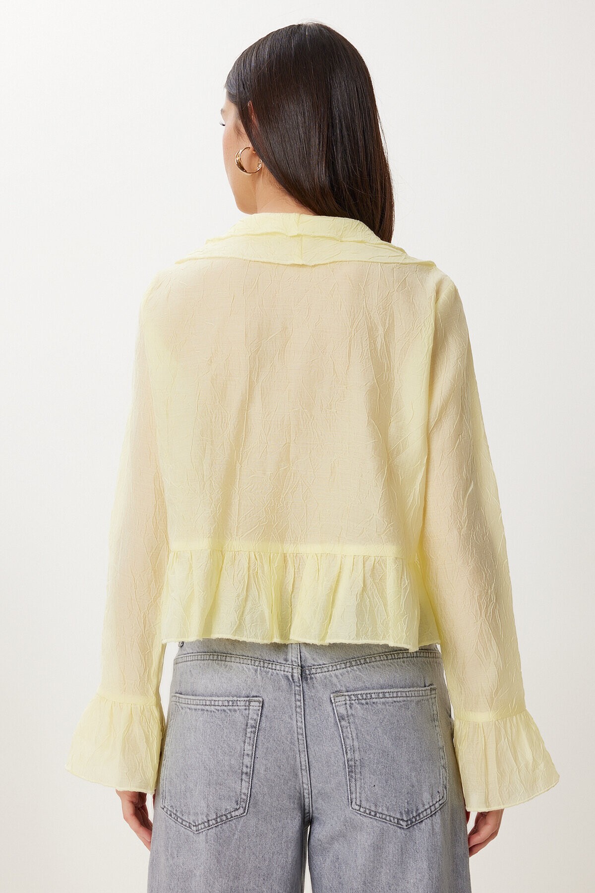 Dokulu Volanlı Hafif Transparan Modal Bluz SARI LMX0099