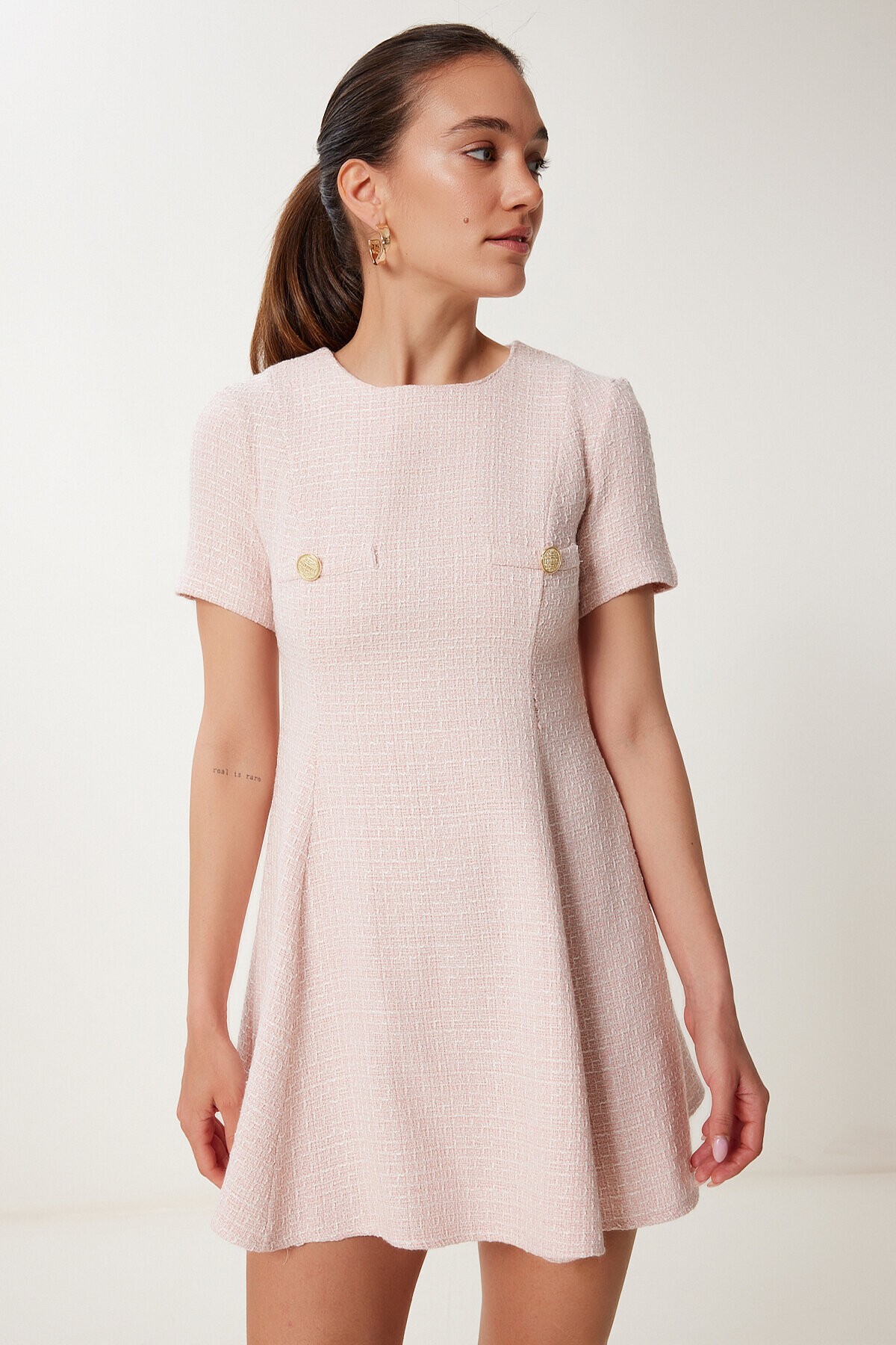 Düğme Detaylı Mini Kloş Tüvit Elbise PEMBE LUS0106