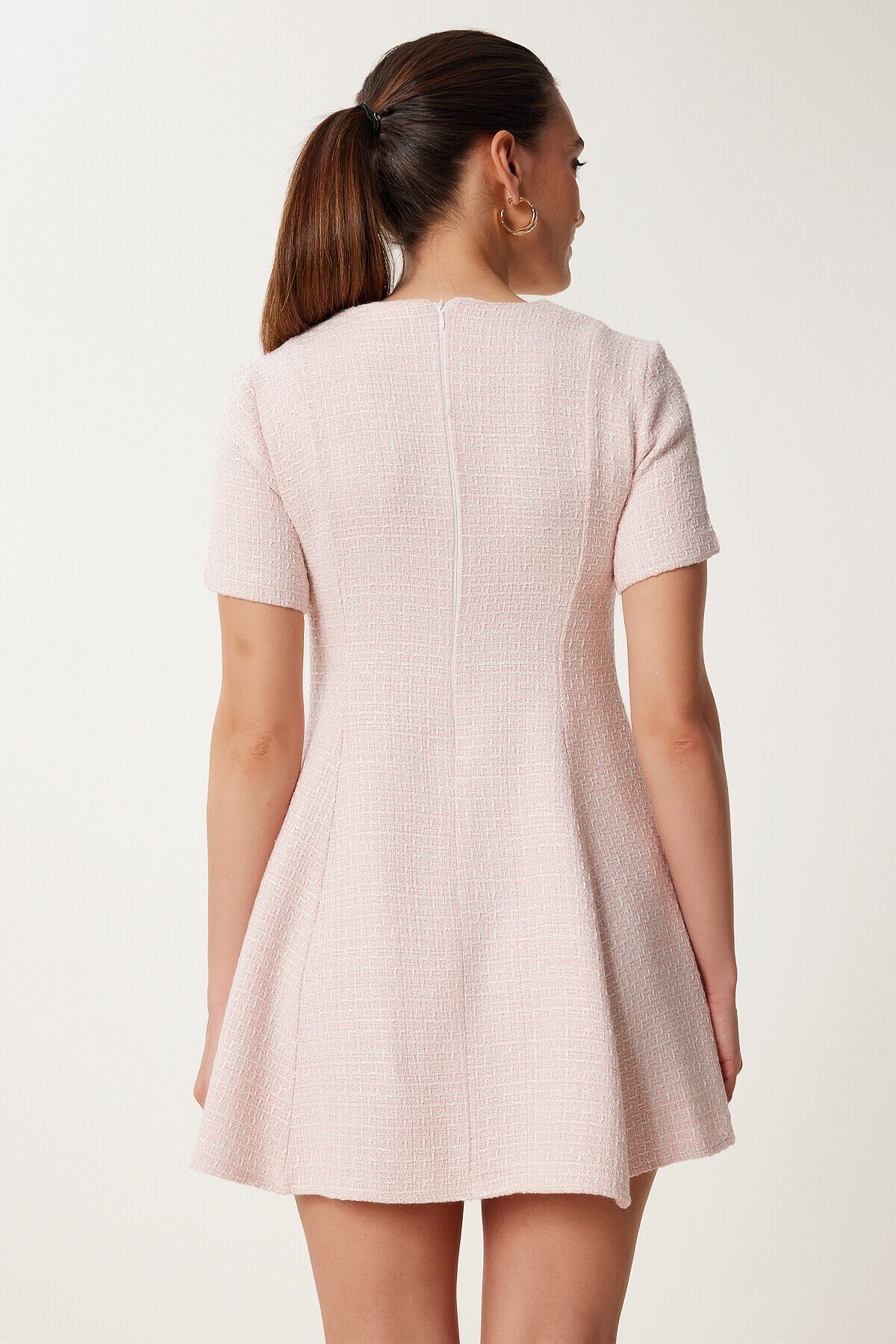 Düğme Detaylı Mini Kloş Tüvit Elbise PEMBE LUS0106