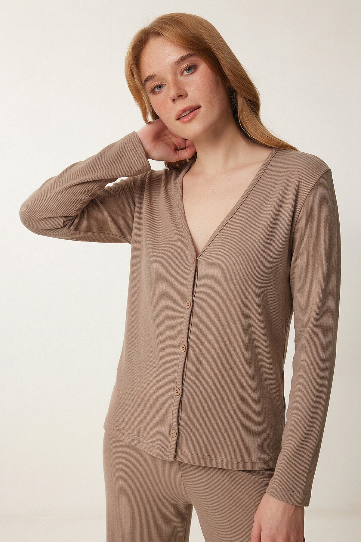 Düğmeli Fitilli Örme Hırka Pijama Takımı BEJ LRN0017
