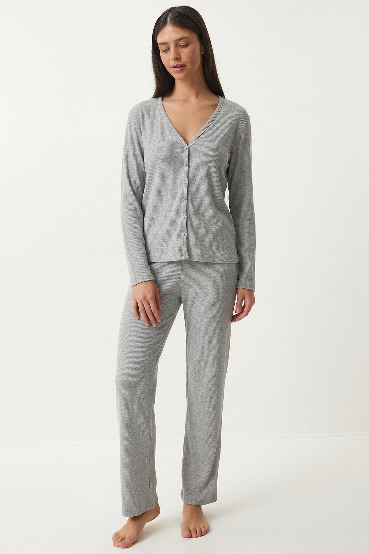 Düğmeli Fitilli Örme Hırka Pijama Takımı GRİ MELANJ LRN0017