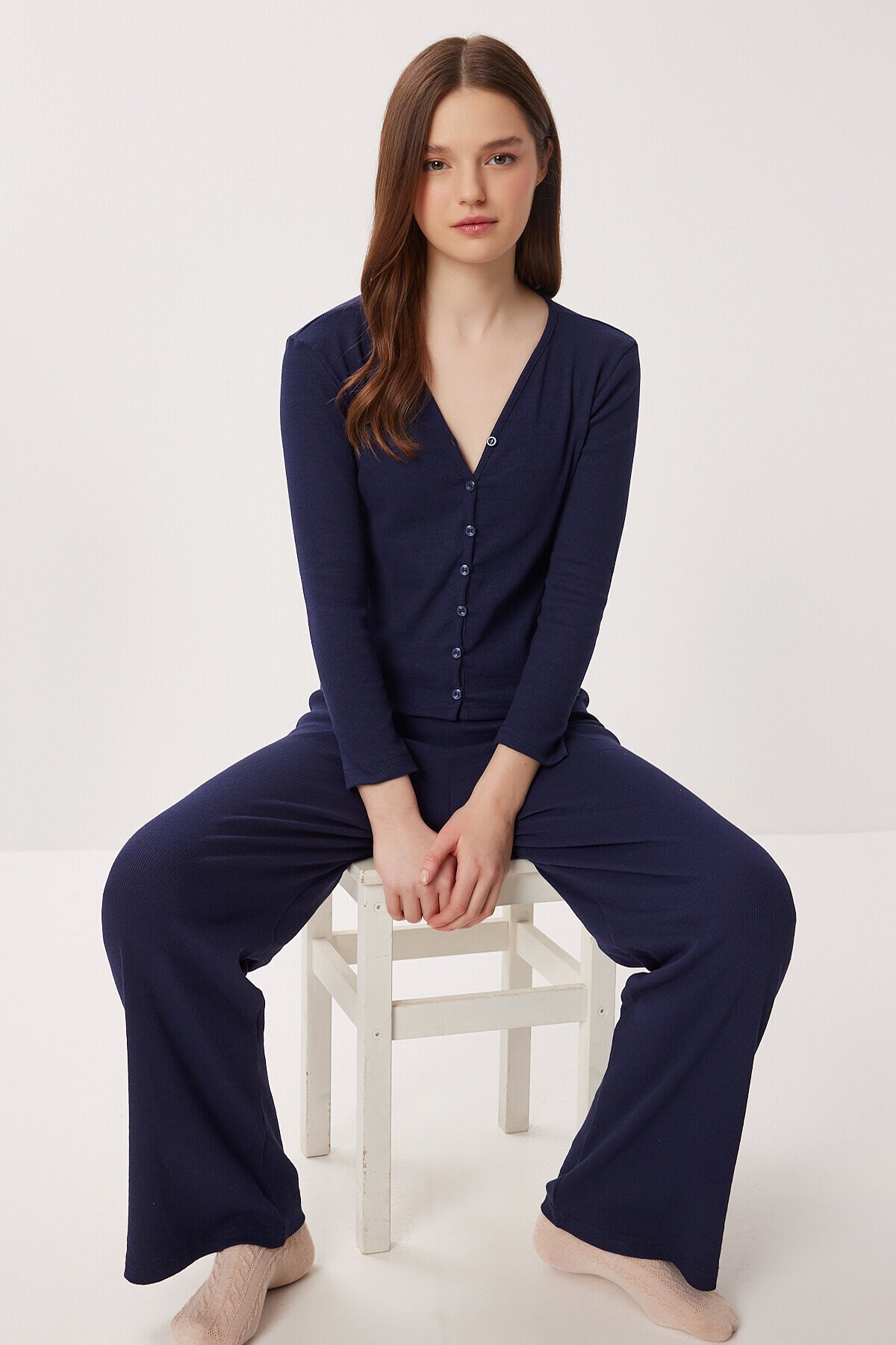 Düğmeli Fitilli Örme Hırka Pijama Takımı LACİVERT LRN0016