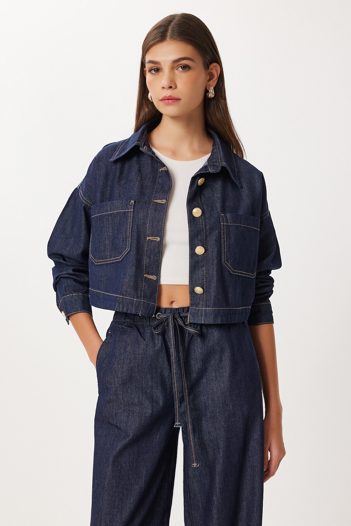 Gold Düğmeli Denim Ceket Pantolon Takım KOYU MAVİ LRI0014