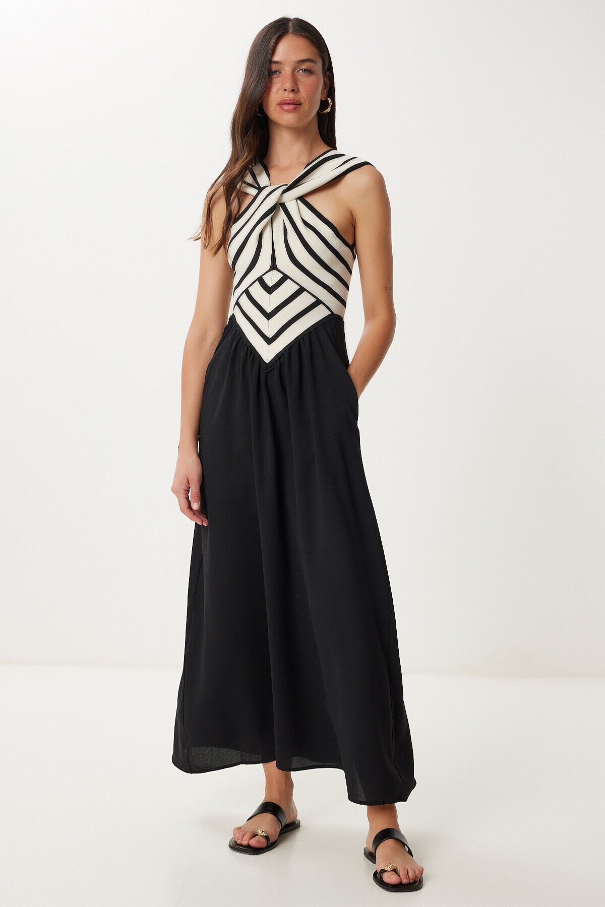 Halter Yaka Midi Dokuma Elbise SİYAH KREM LRW0001