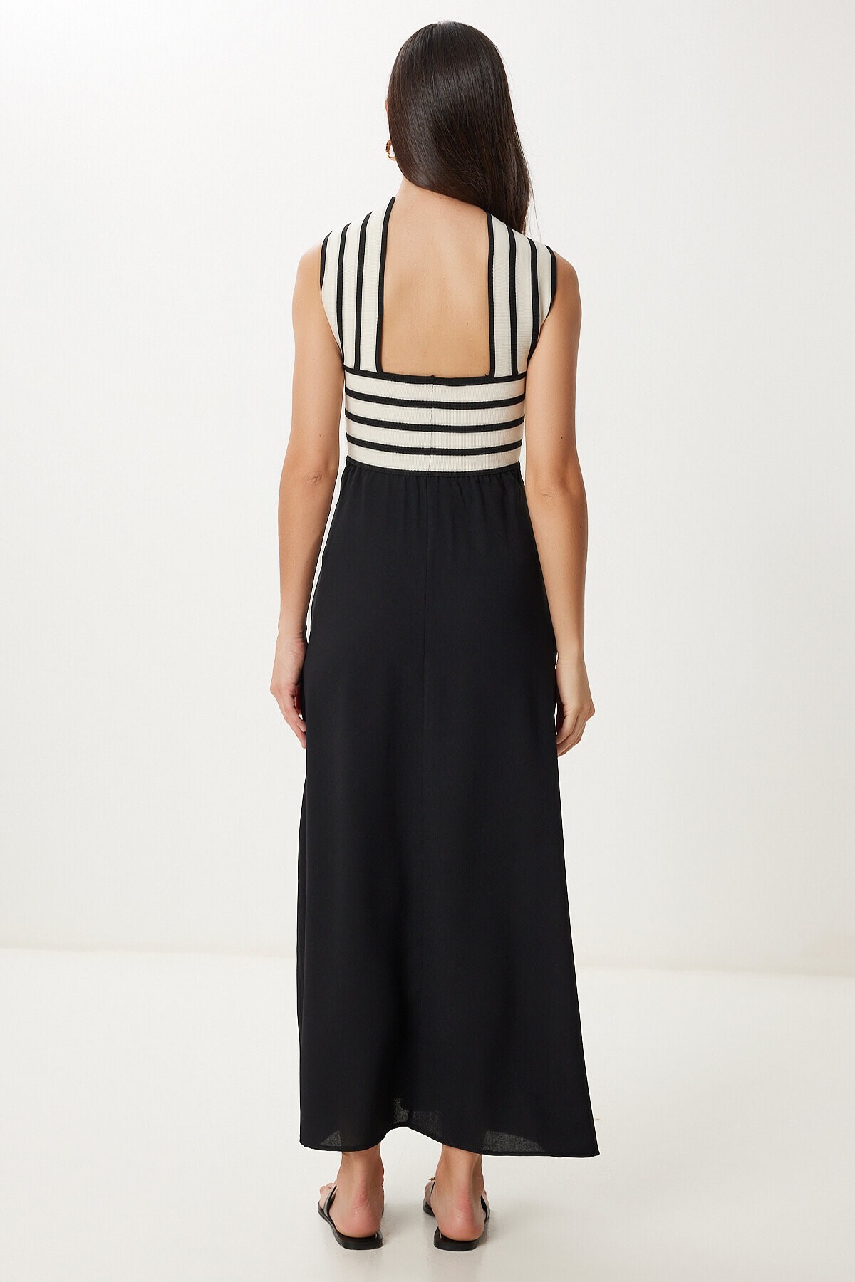 Halter Yaka Midi Dokuma Elbise SİYAH KREM LRW0001