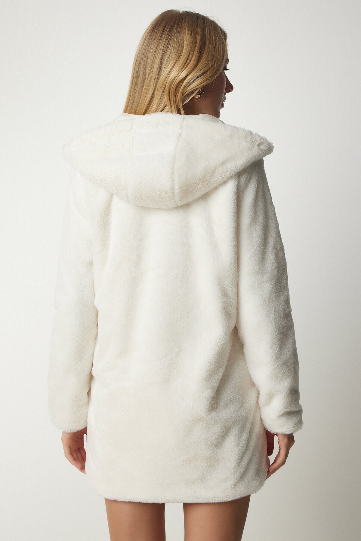 Kapüşonlu Oversize Kürklü Peluş Kaban EKRU LRV0023