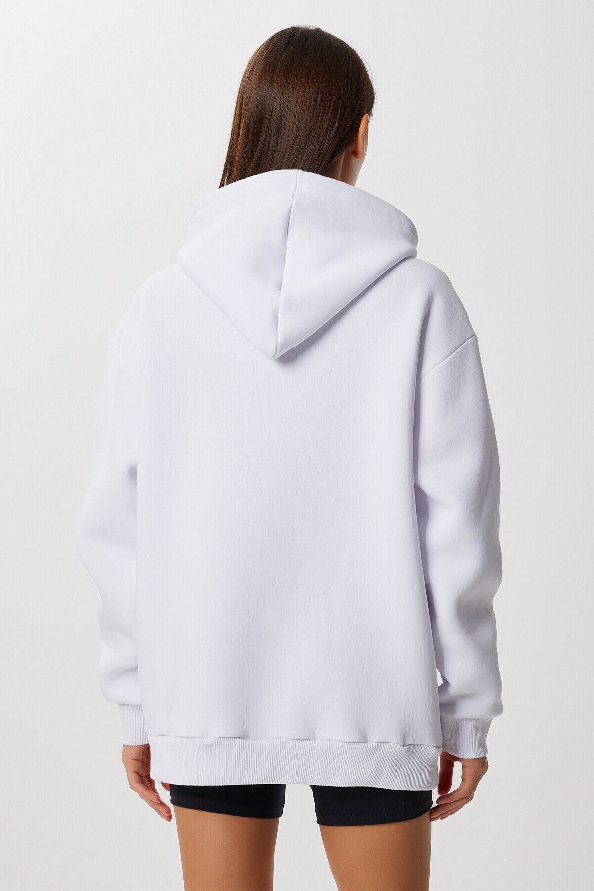Kapüşonlu Oversize Şardonlu Örme Sweatshirt BEYAZ LEN0042