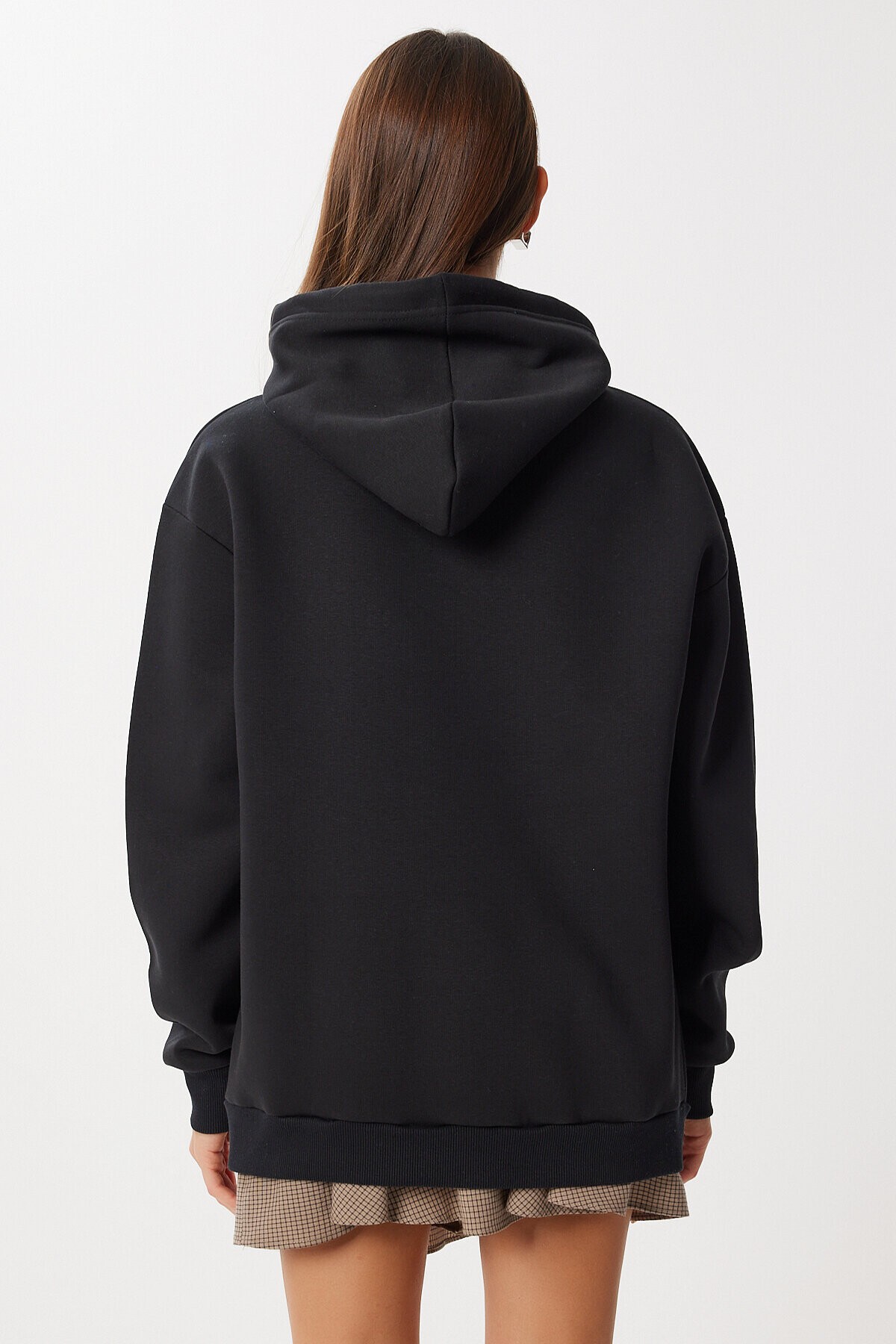 Kapüşonlu Oversize Şardonlu Örme Sweatshirt SİYAH LEN0042