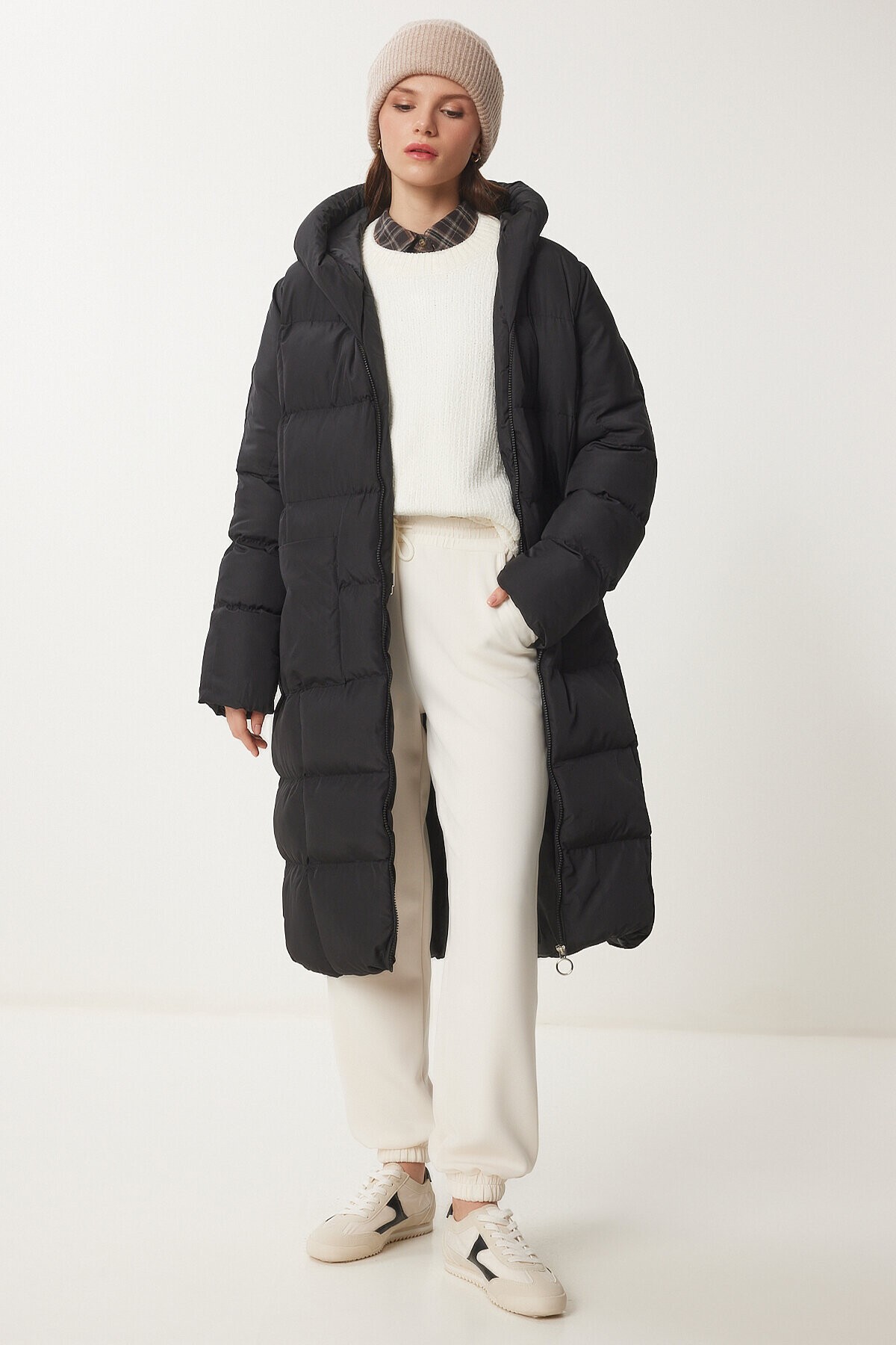 Kapüşonlu Oversize Uzun Şişme Kaban SİYAH LNT0001