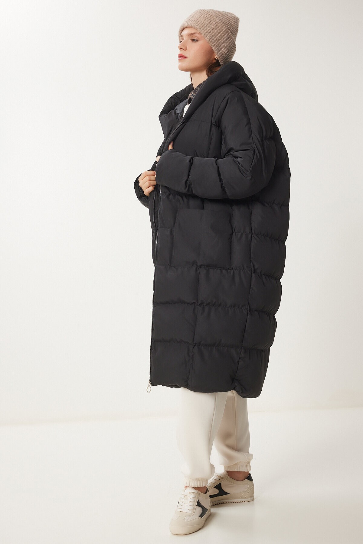 Kapüşonlu Oversize Uzun Şişme Kaban SİYAH LNT0001