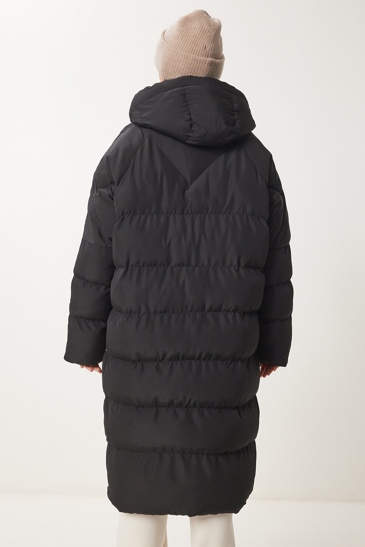 Kapüşonlu Oversize Uzun Şişme Kaban SİYAH LNT0001