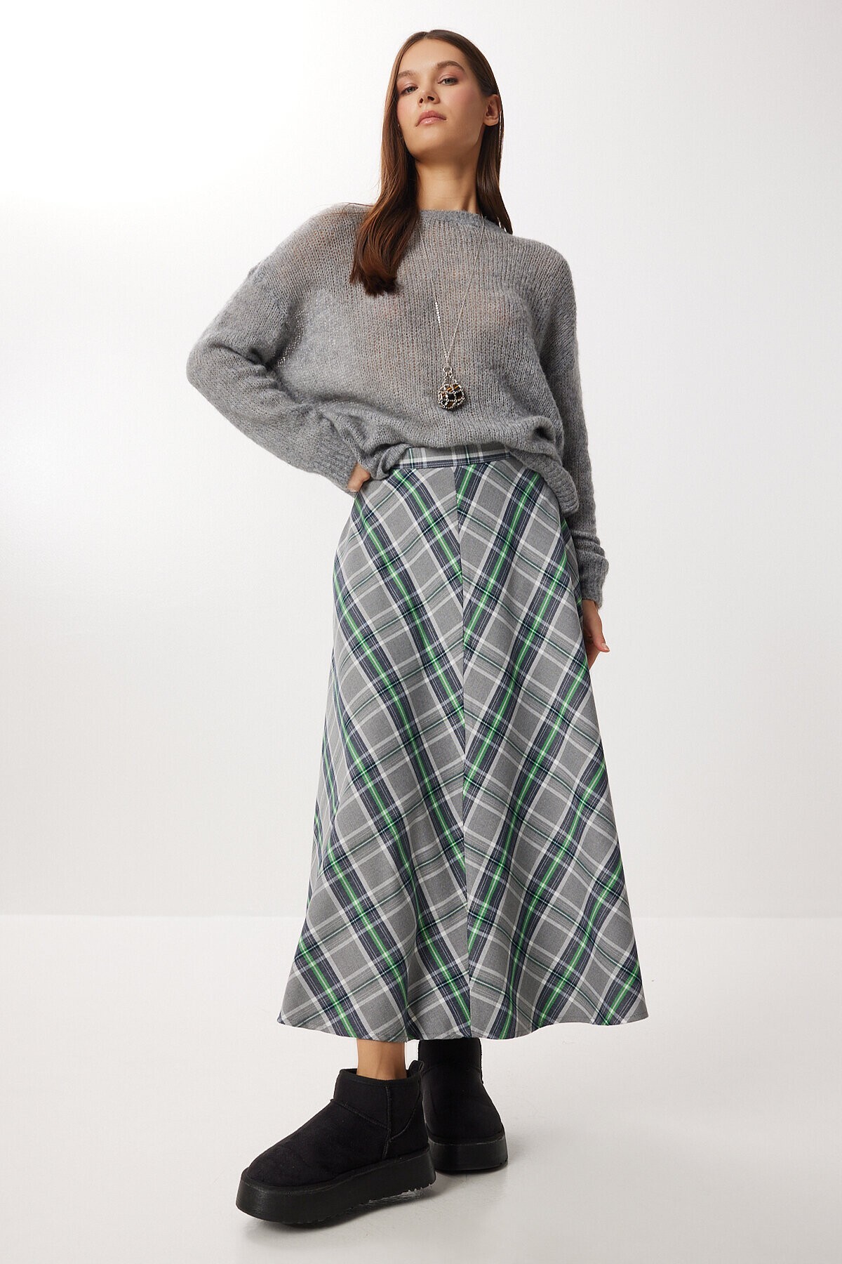 Kareli Midi Kloş Etek GRİ YEŞİL LNS0092