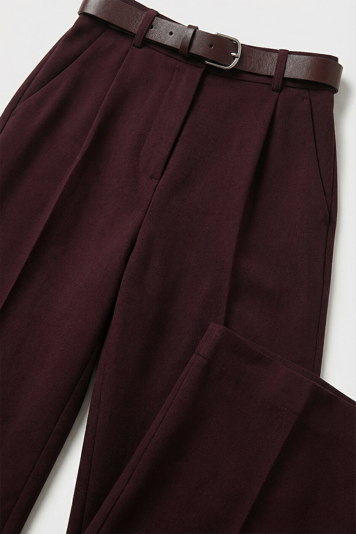 Kemerli Geniş Paça Esnek Örme Pantolon BORDO LZV0045