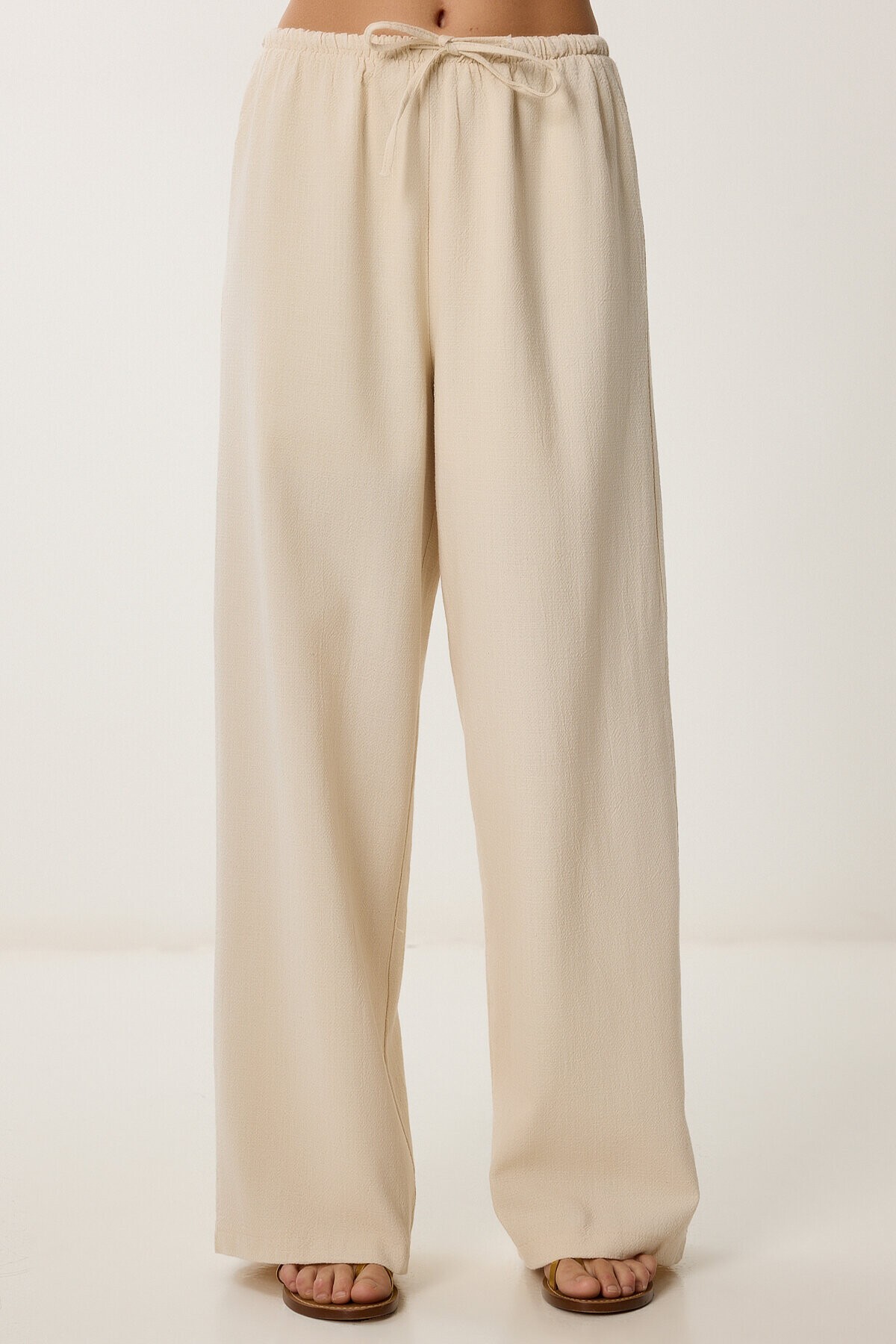 Keten Balon Bluz Pantolon Takım KREM LUS0092
