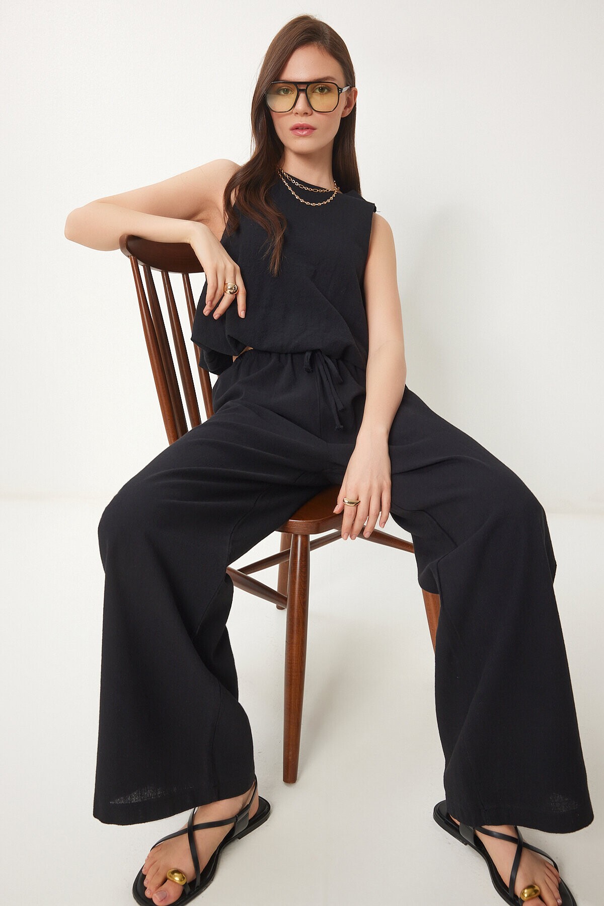 Keten Balon Bluz Pantolon Takım SİYAH LUS0092