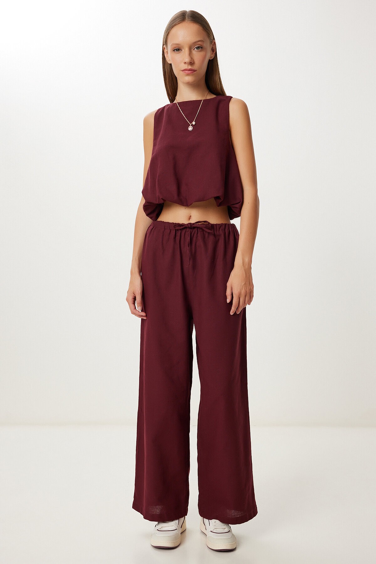 Keten Culotte Pantolon Bluz Takım BORDO LRV0116