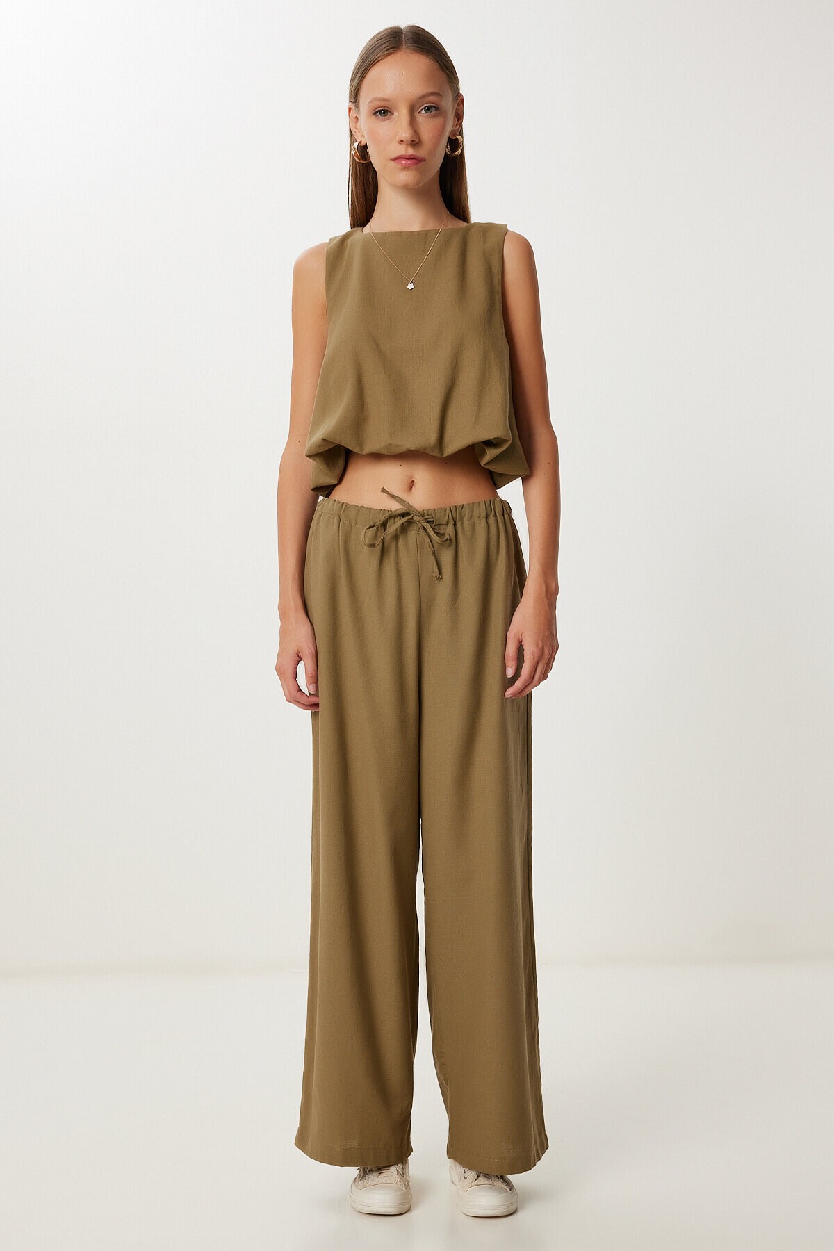 Keten Culotte Pantolon Bluz Takım HAKİ LRV0116