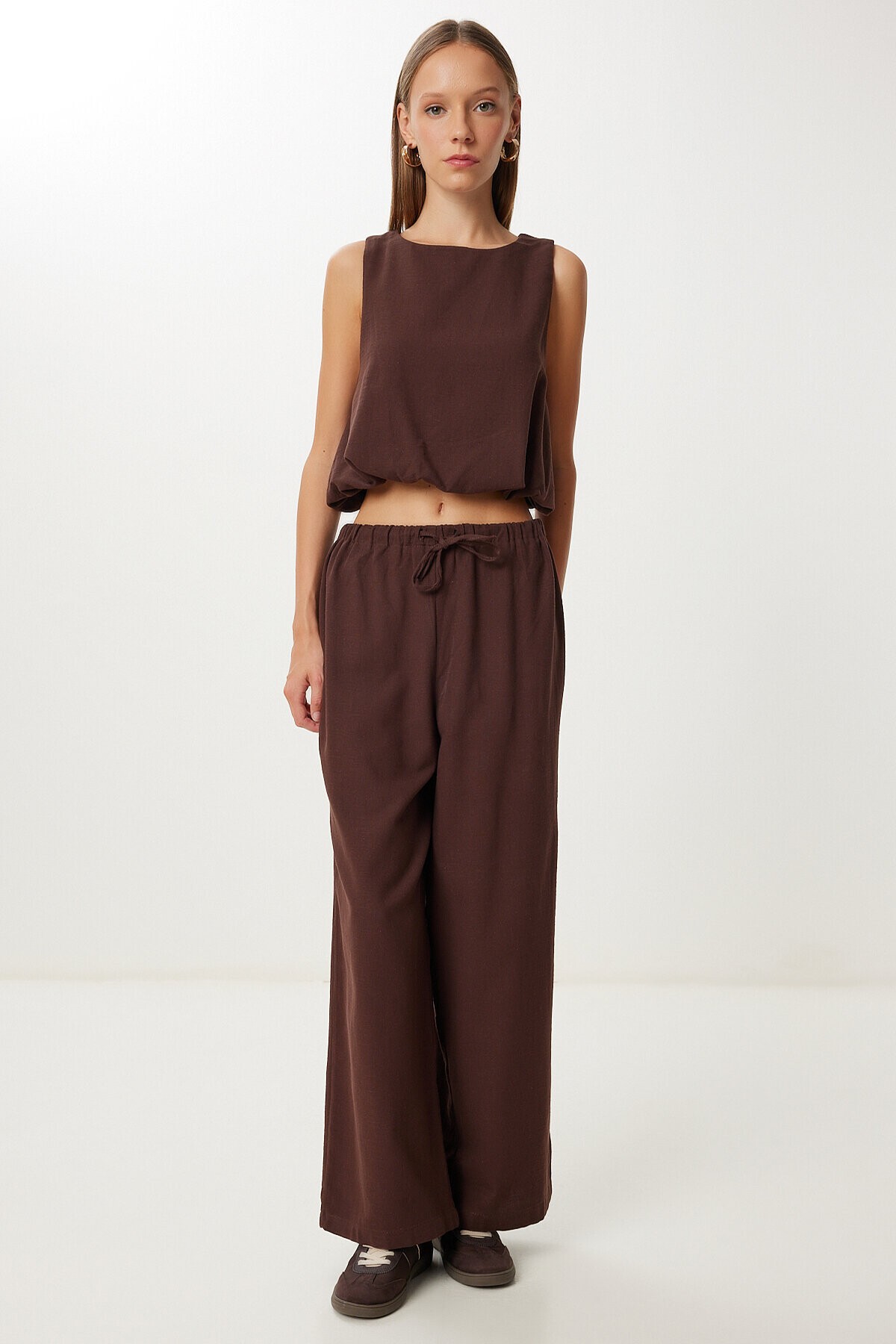 Keten Culotte Pantolon Bluz Takım KAHVERENGİ LRV0116