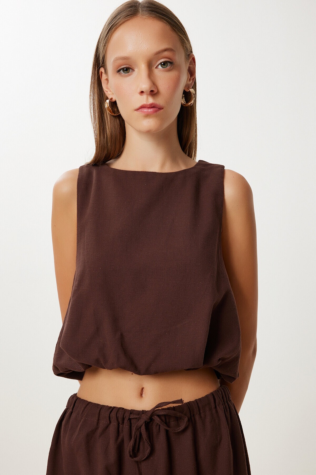 Keten Culotte Pantolon Bluz Takım KAHVERENGİ LRV0116
