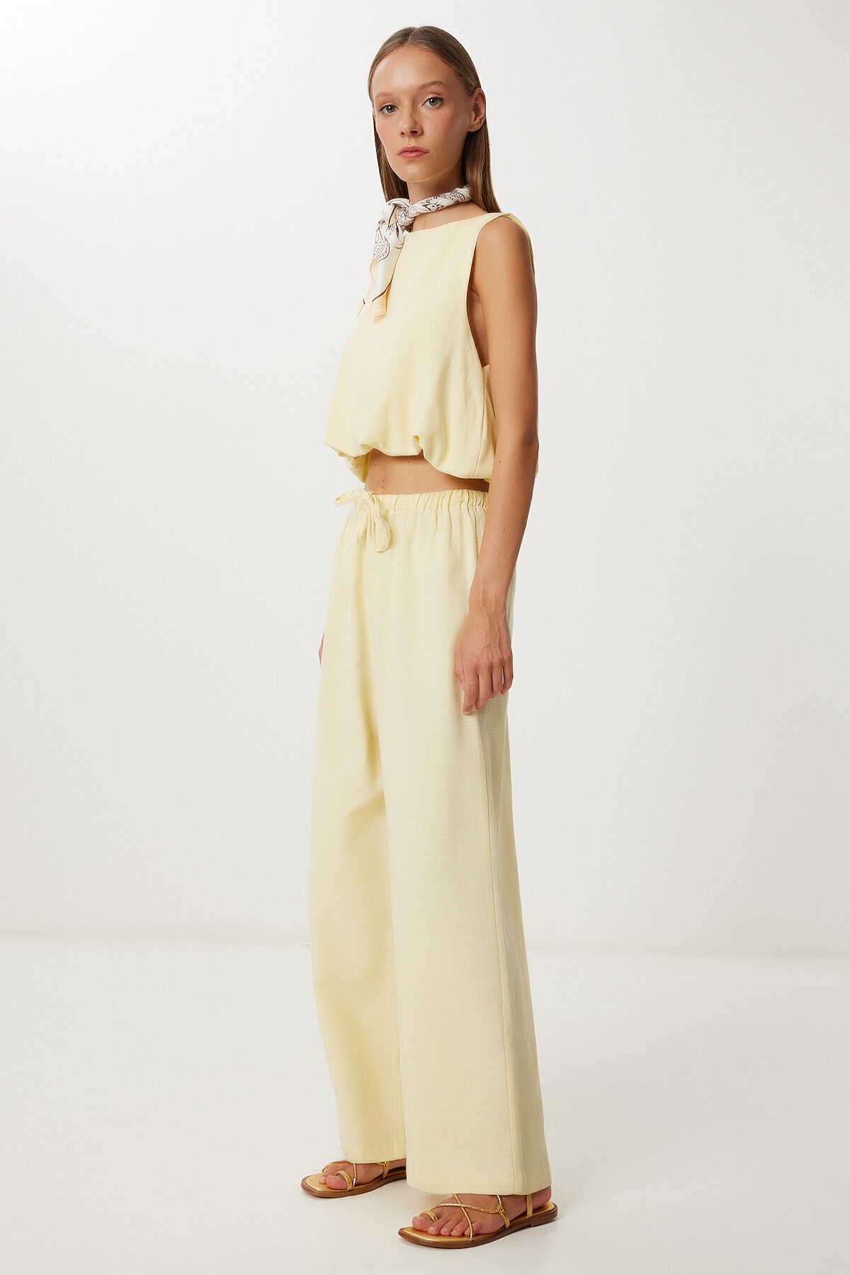 Keten Culotte Pantolon Bluz Takım SARI LRV0116
