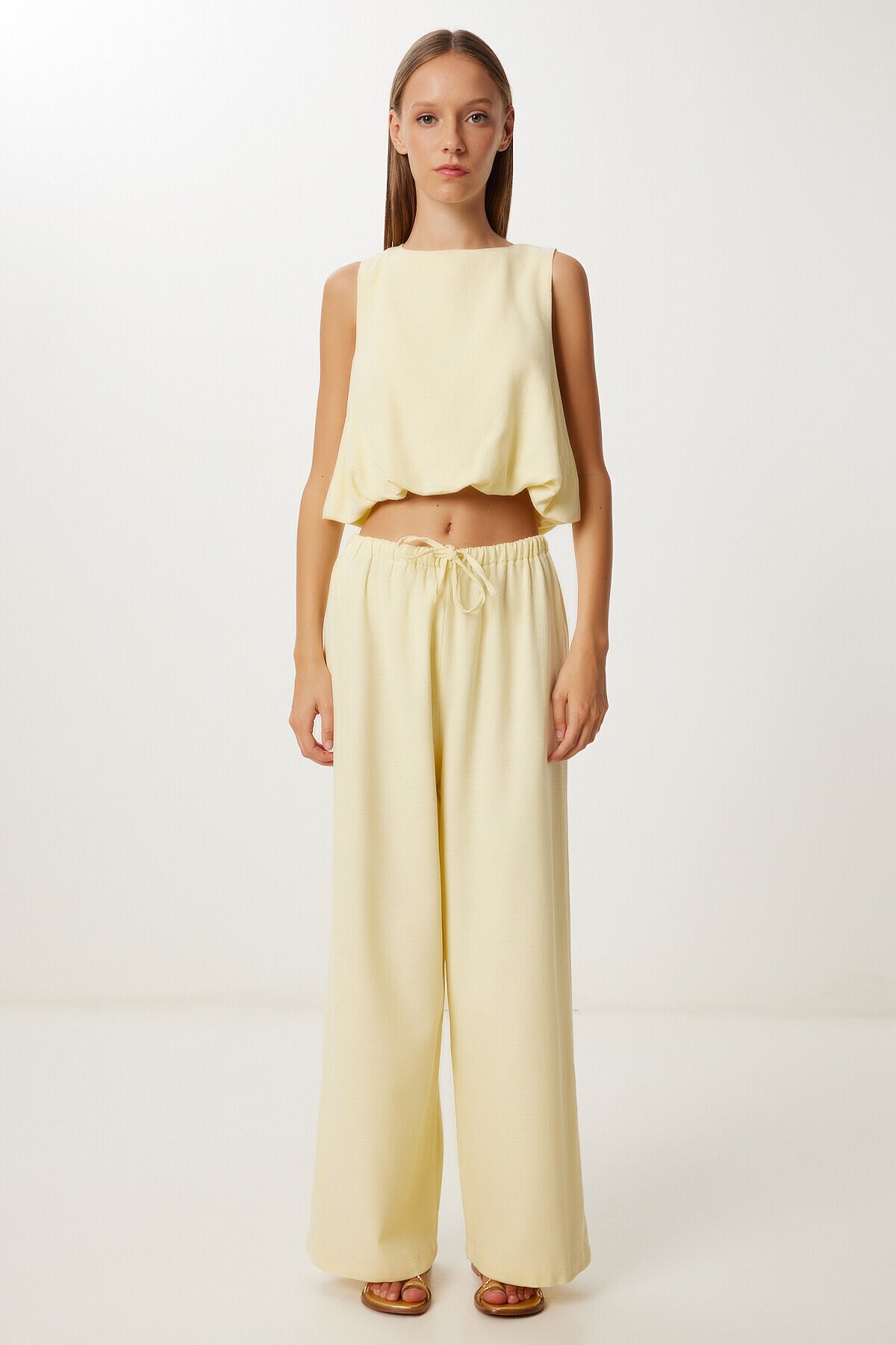 Keten Culotte Pantolon Bluz Takım SARI LRV0116