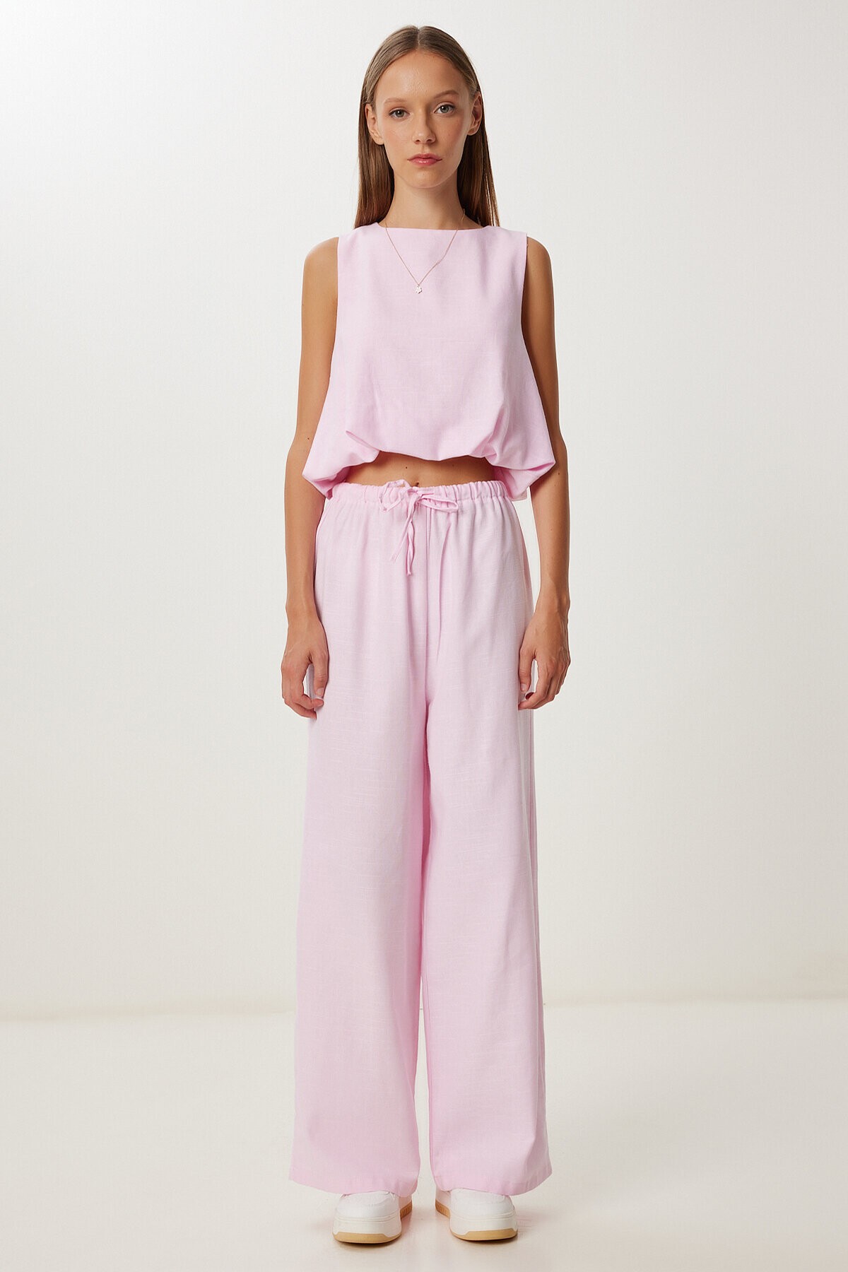 Keten Culotte Pantolon Bluz Takım ŞEKER PEMBE LRV0116