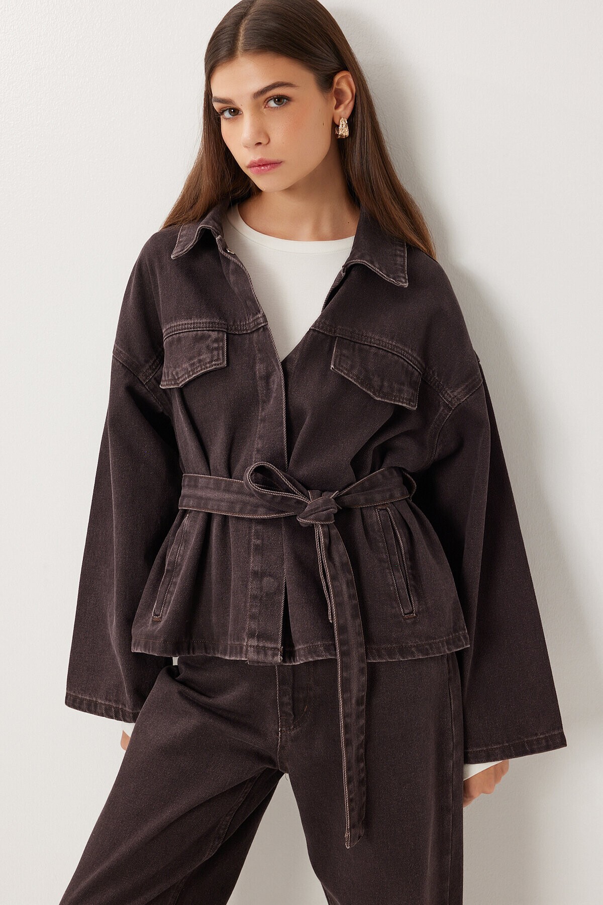 Kuşaklı Denim Ceket Pantolon Takım KAHVERENGİ LRI0011