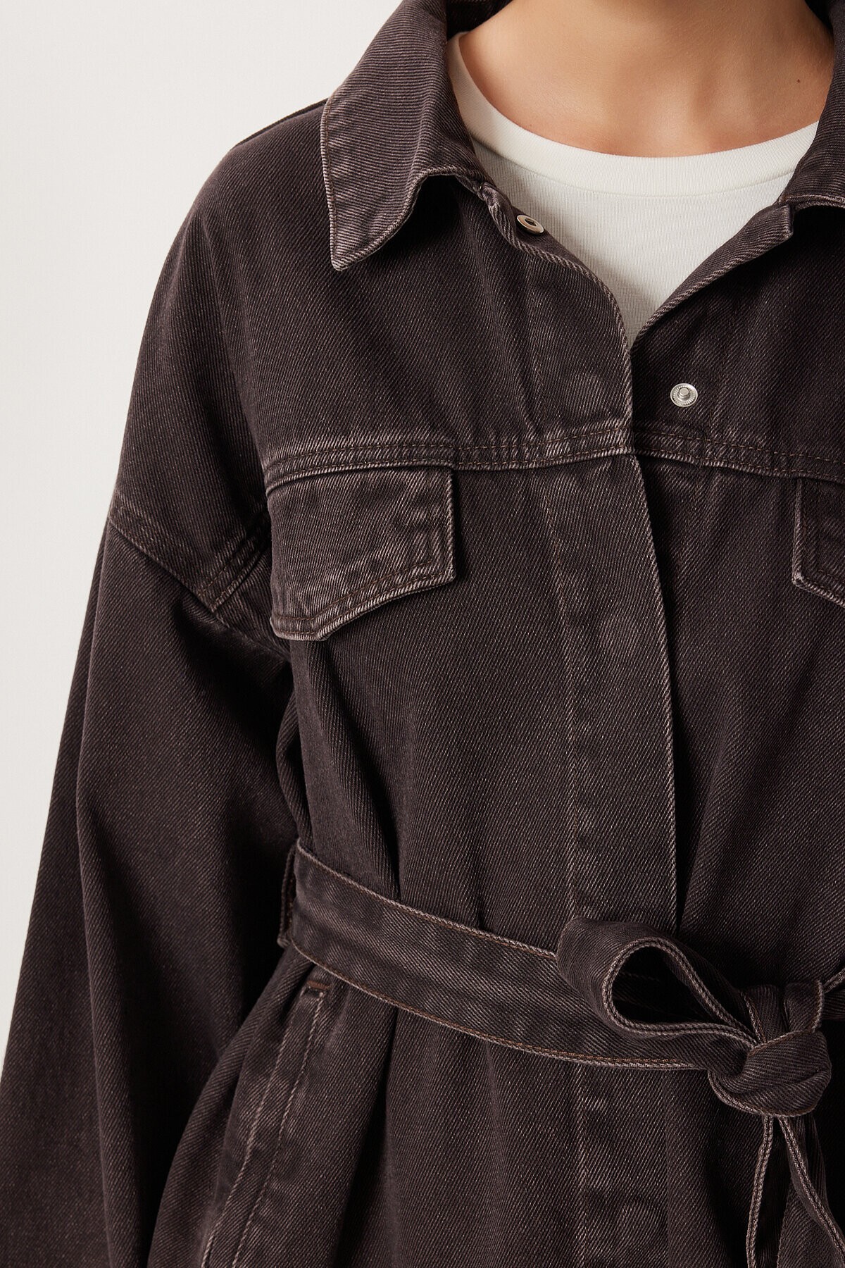 Kuşaklı Denim Ceket Pantolon Takım KAHVERENGİ LRI0011