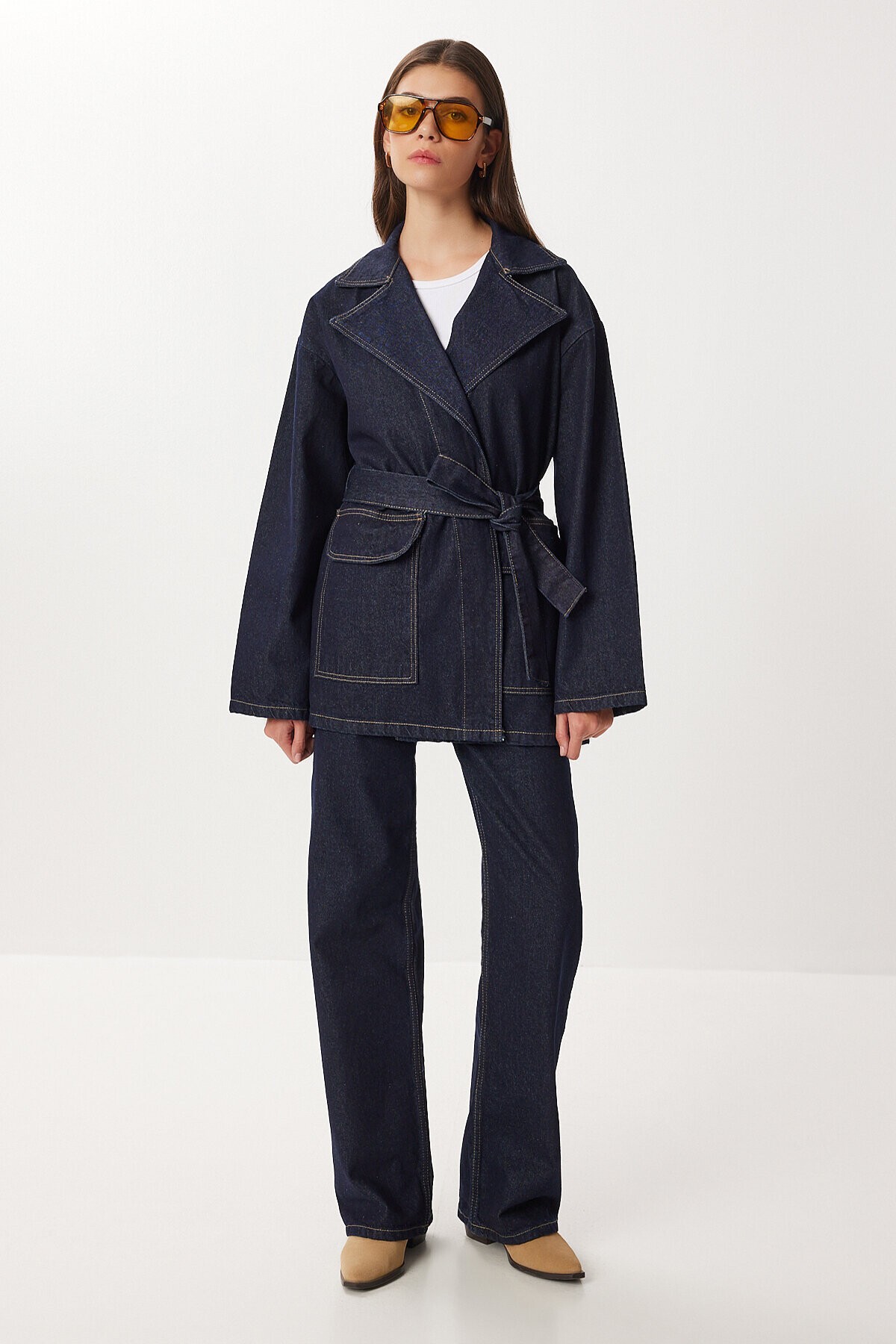 Kuşaklı Denim Ceket Pantolon Takım KOYU MAVİ LRI0013