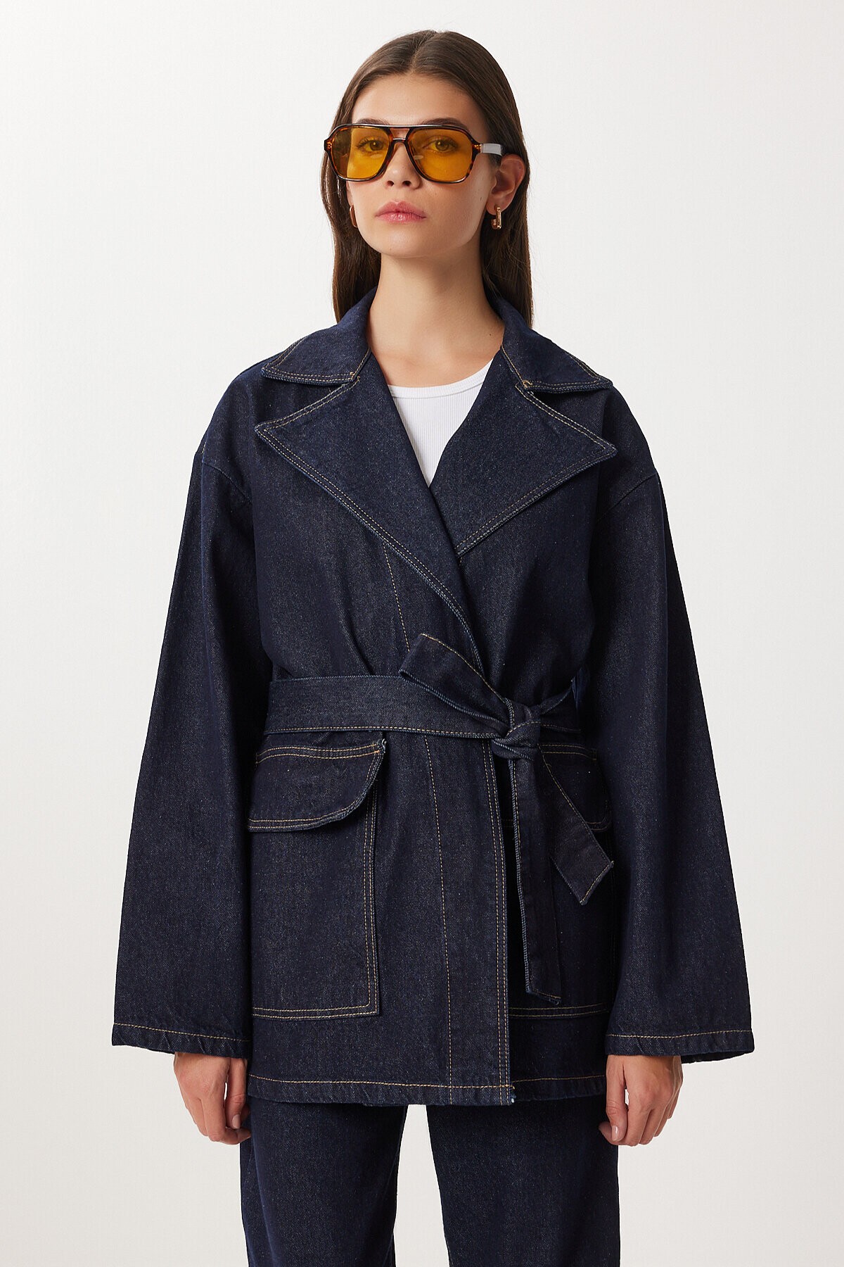 Kuşaklı Denim Ceket Pantolon Takım KOYU MAVİ LRI0013