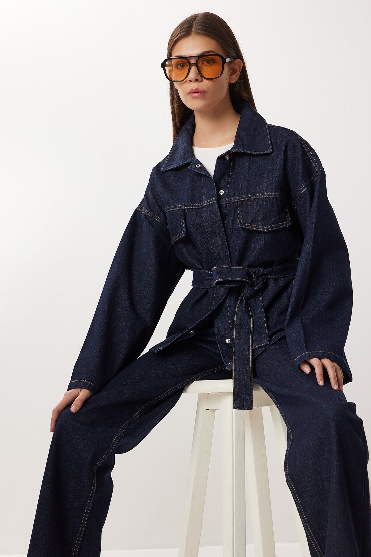 Kuşaklı Denim Ceket Pantolon Takım T0242 KOYU MAVİ LRI0020