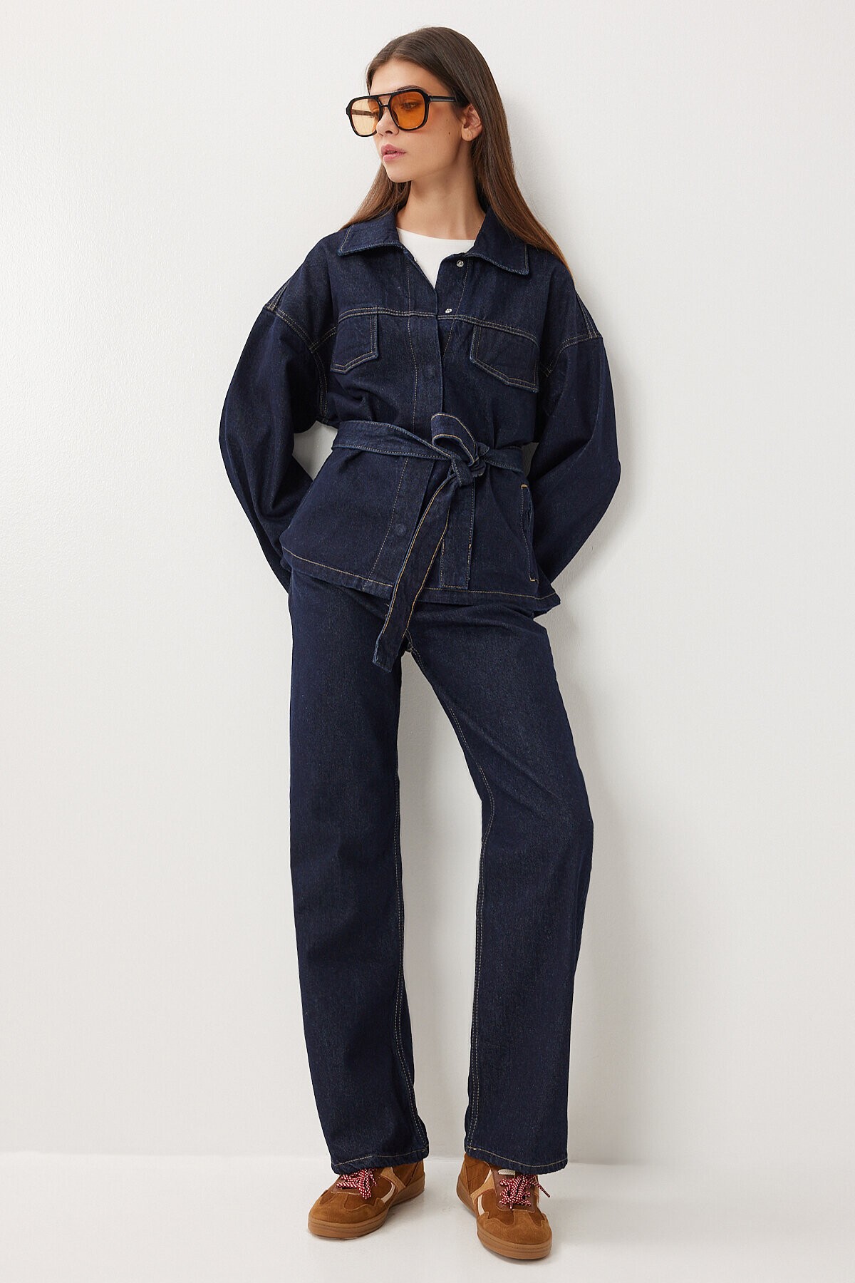 Kuşaklı Denim Ceket Pantolon Takım T0242 KOYU MAVİ LRI0020