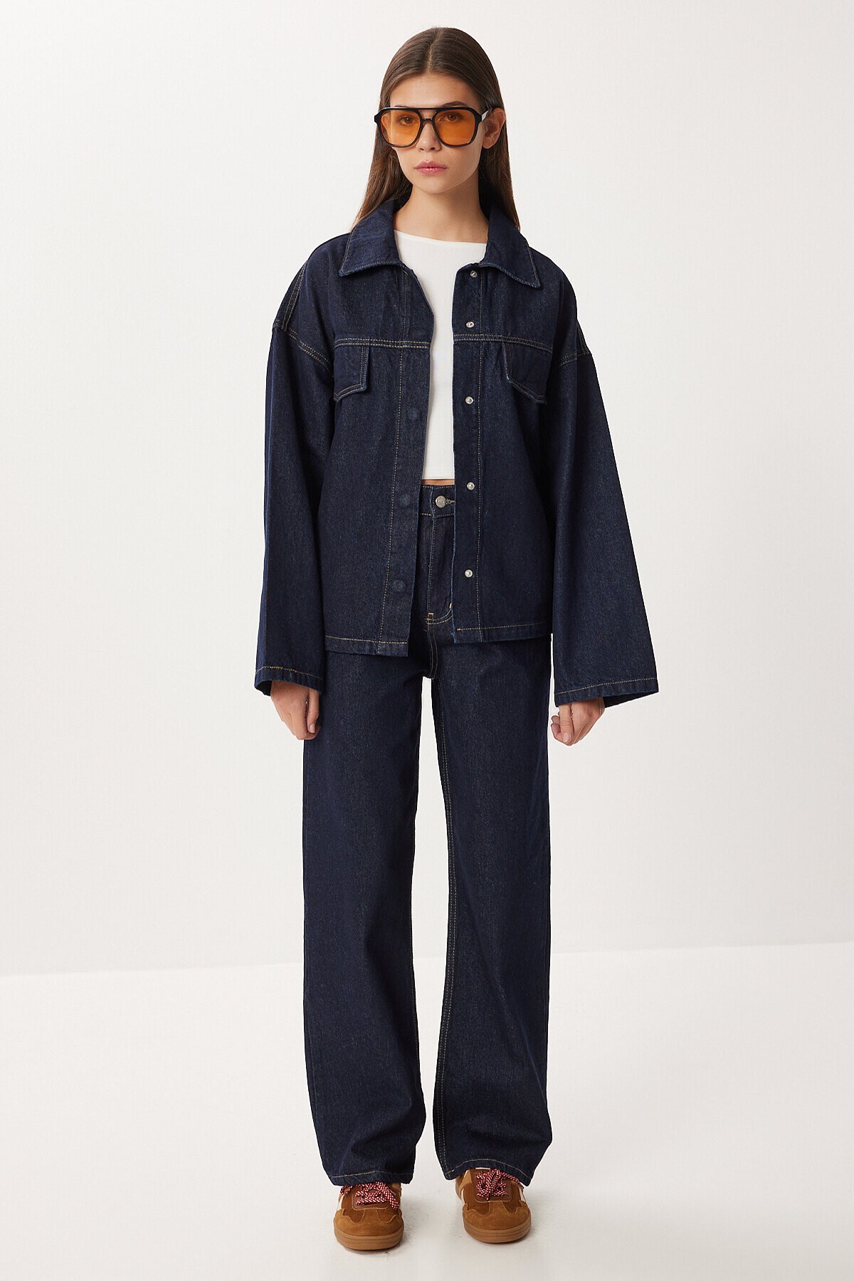 Kuşaklı Denim Ceket Pantolon Takım T0242 KOYU MAVİ LRI0020