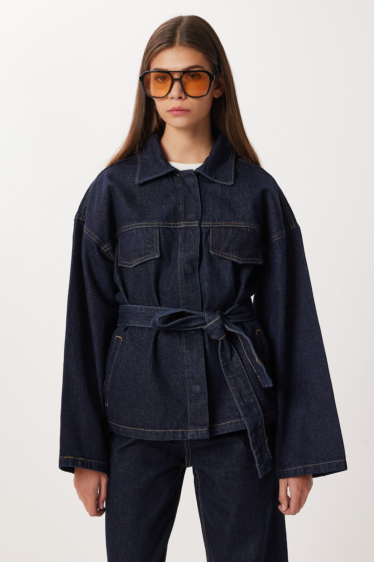 Kuşaklı Denim Ceket Pantolon Takım T0242 KOYU MAVİ LRI0020