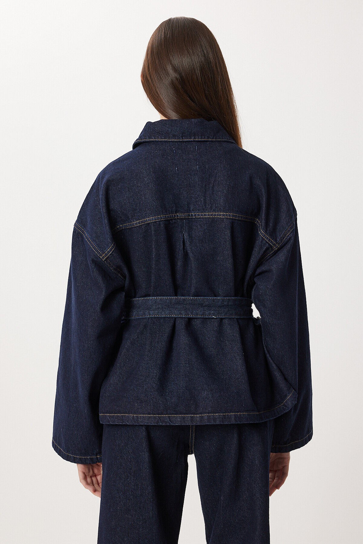Kuşaklı Denim Ceket Pantolon Takım T0242 KOYU MAVİ LRI0020