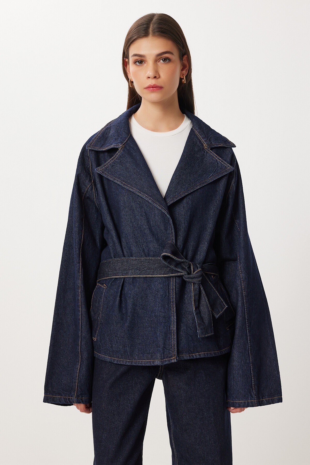 Kuşaklı Denim Ceket Pantolon Takım T0280 KOYU MAVİ LRI0021