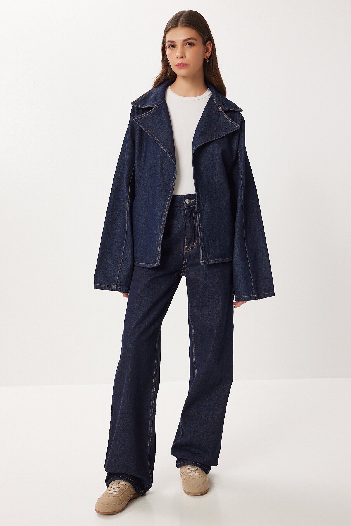 Kuşaklı Denim Ceket Pantolon Takım T0280 KOYU MAVİ LRI0021