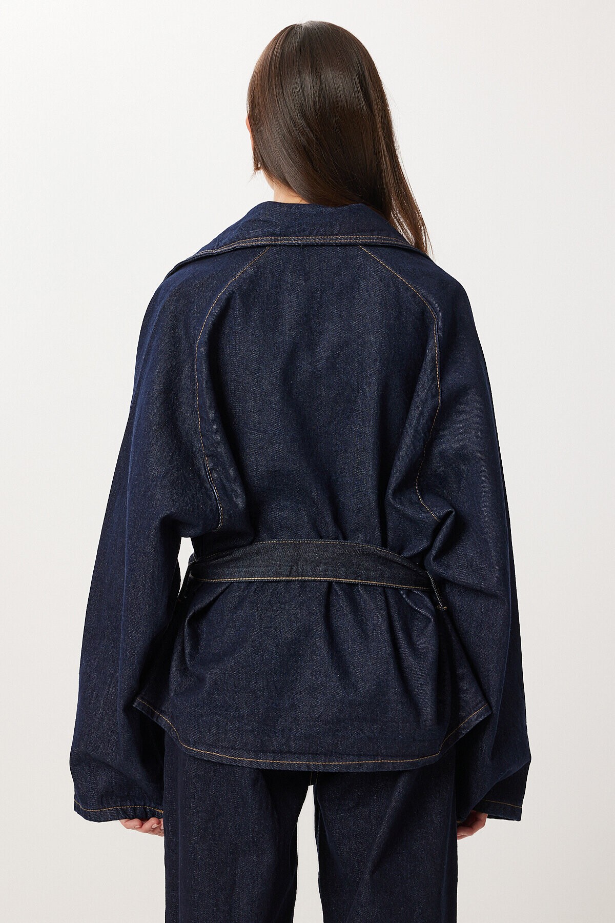Kuşaklı Denim Ceket Pantolon Takım T0280 KOYU MAVİ LRI0021