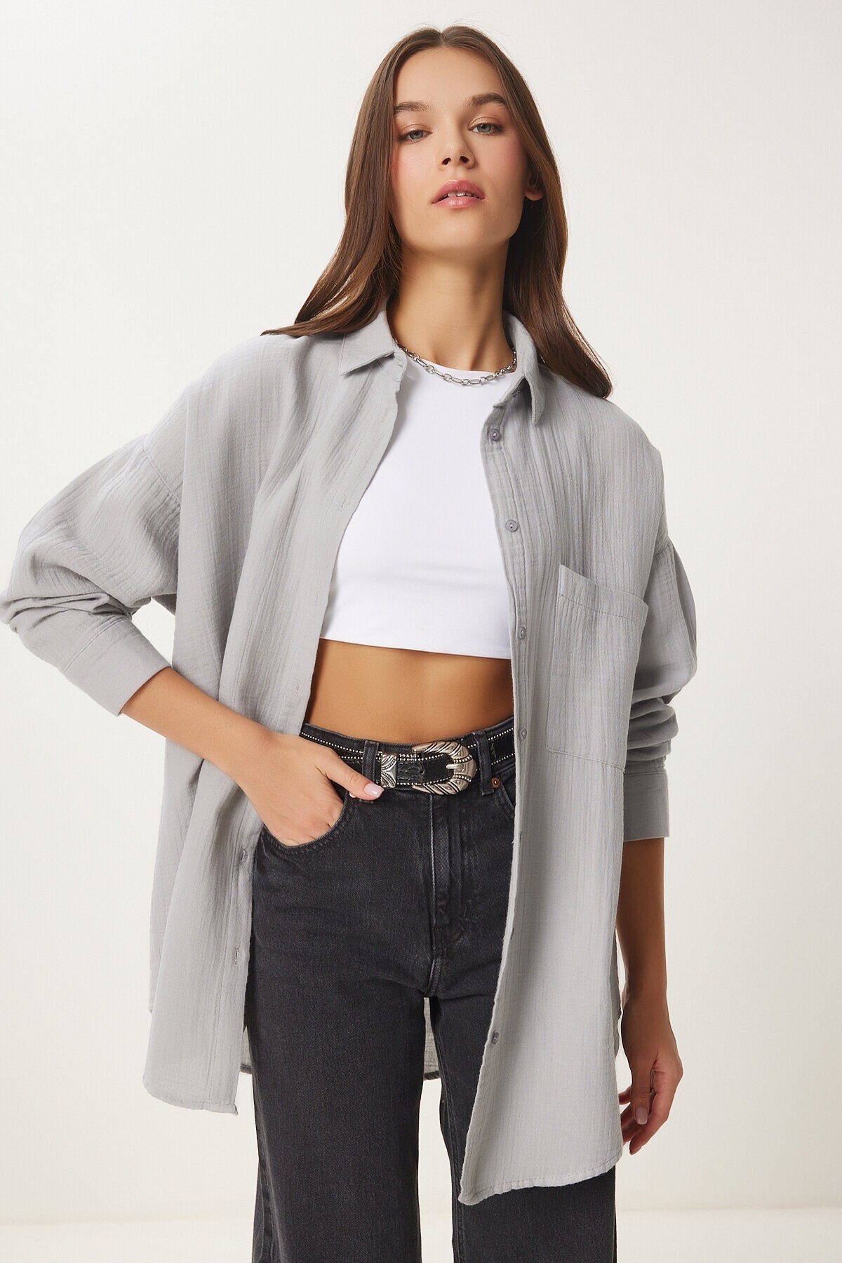 Oversize Basic Müslin Gömlek GRİ LMX0002