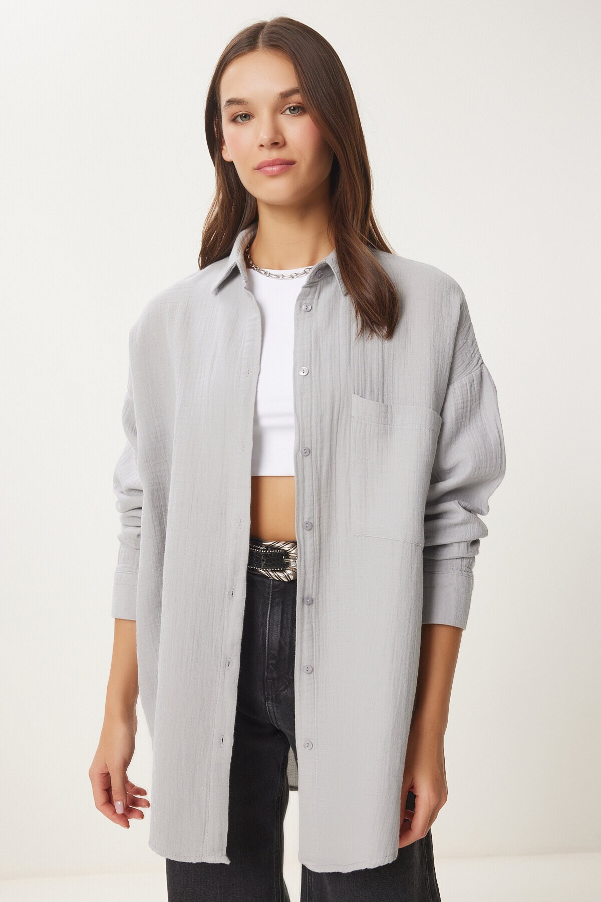 Oversize Basic Müslin Gömlek GRİ LMX0002