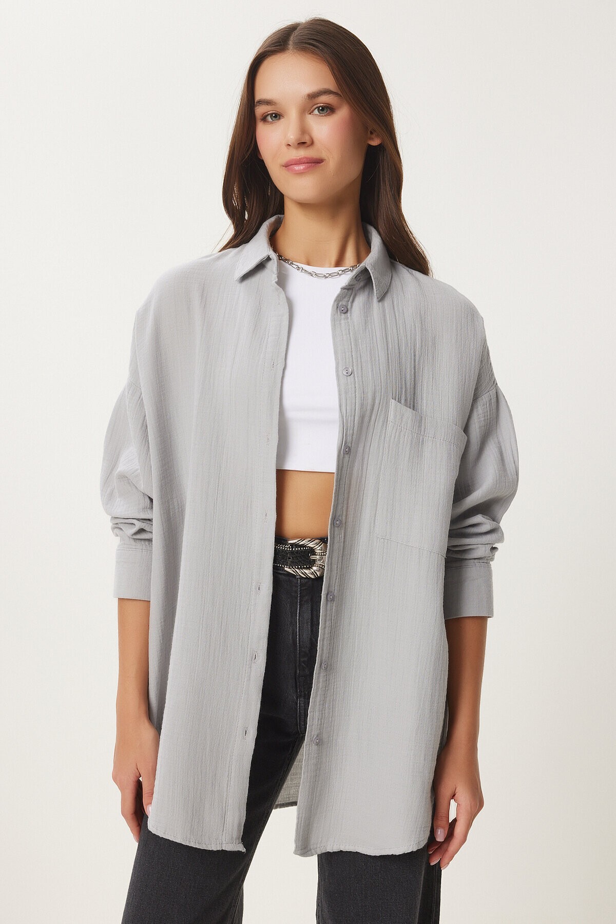 Oversize Basic Müslin Gömlek GRİ LMX0002