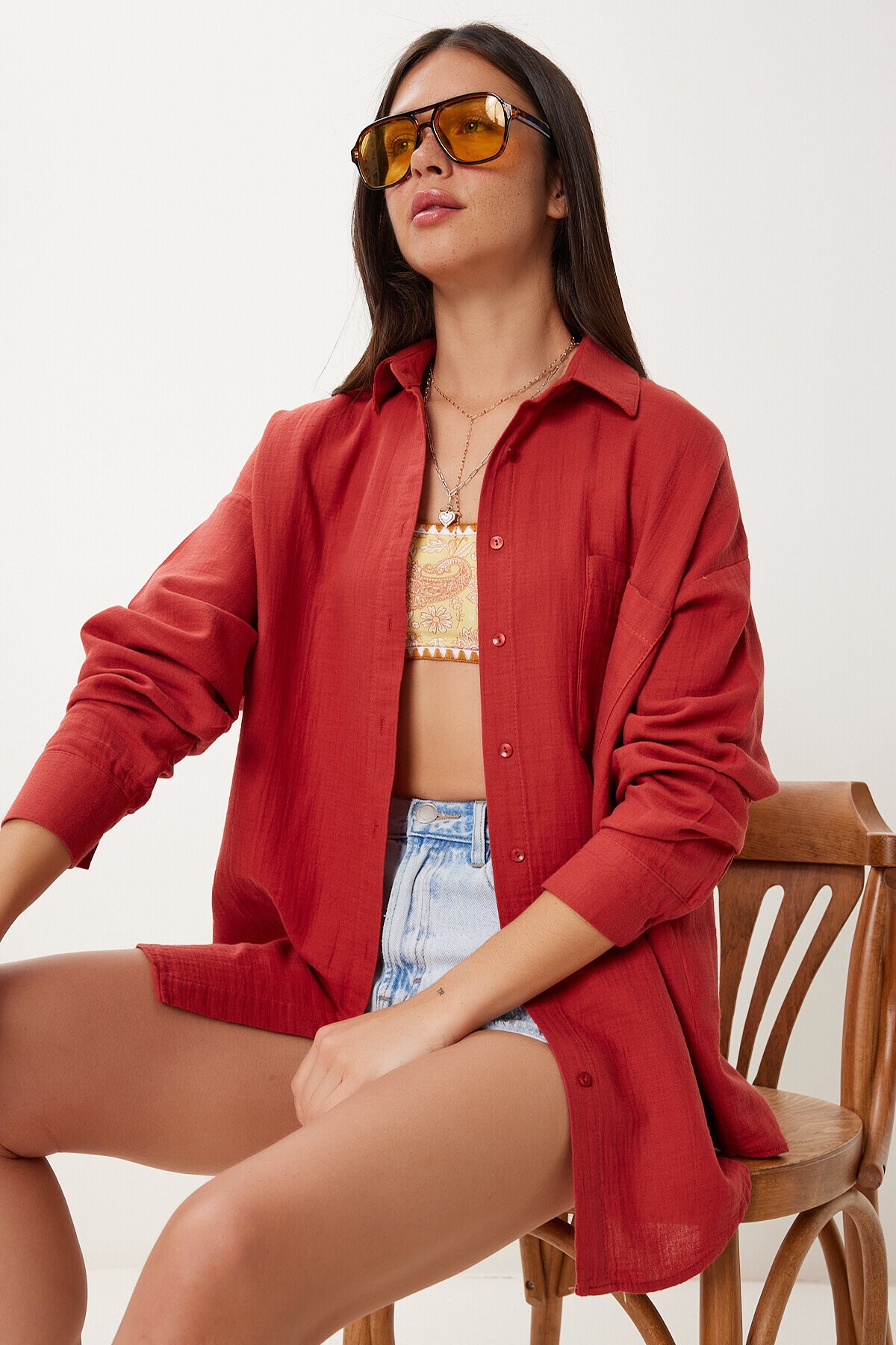 Oversize Basic Müslin Gömlek KİREMİT LMX0002