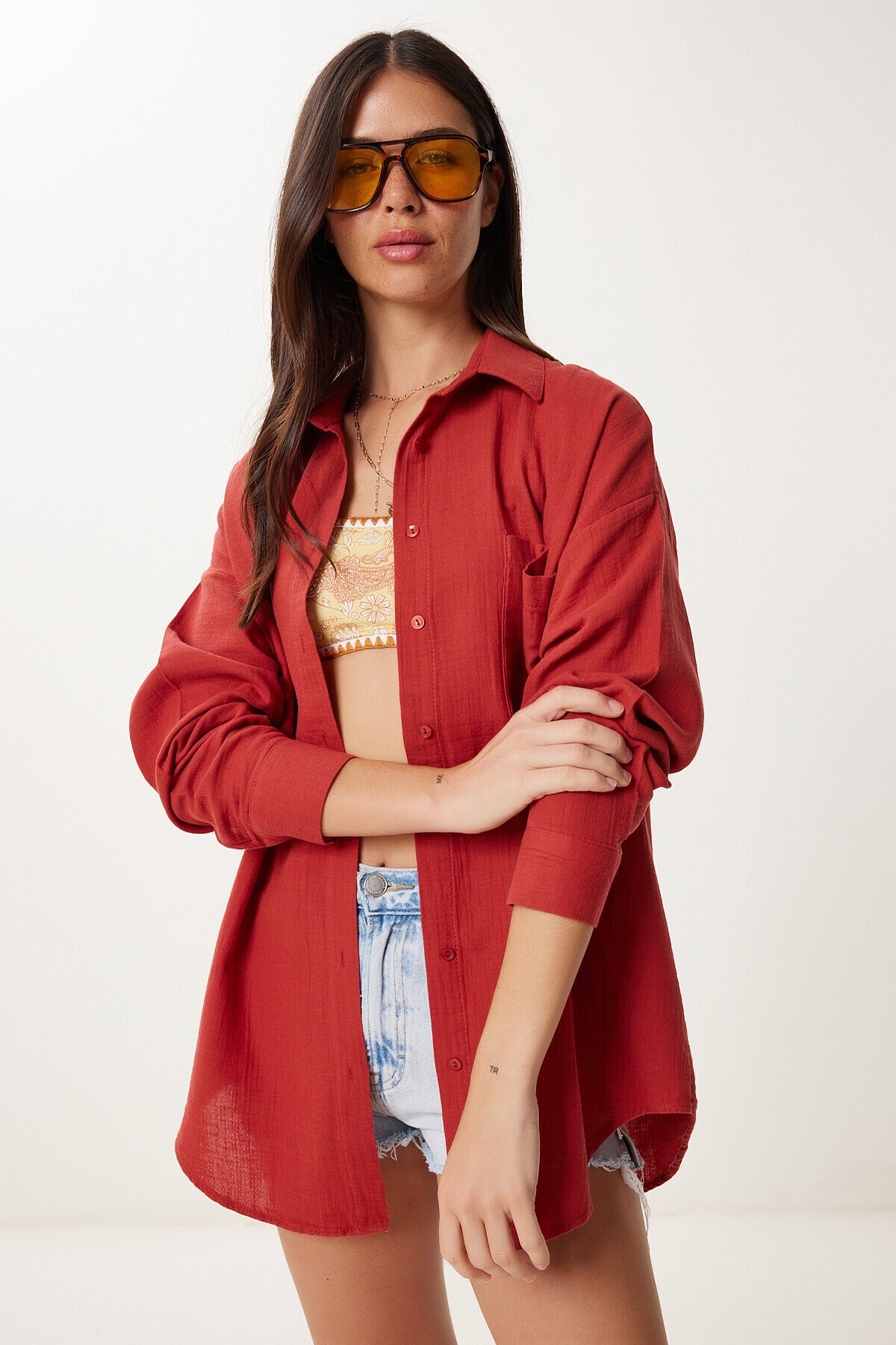 Oversize Basic Müslin Gömlek KİREMİT LMX0002