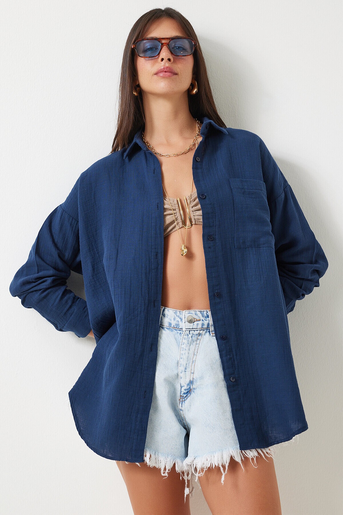Oversize Basic Müslin Gömlek LACİVERT LMX0002