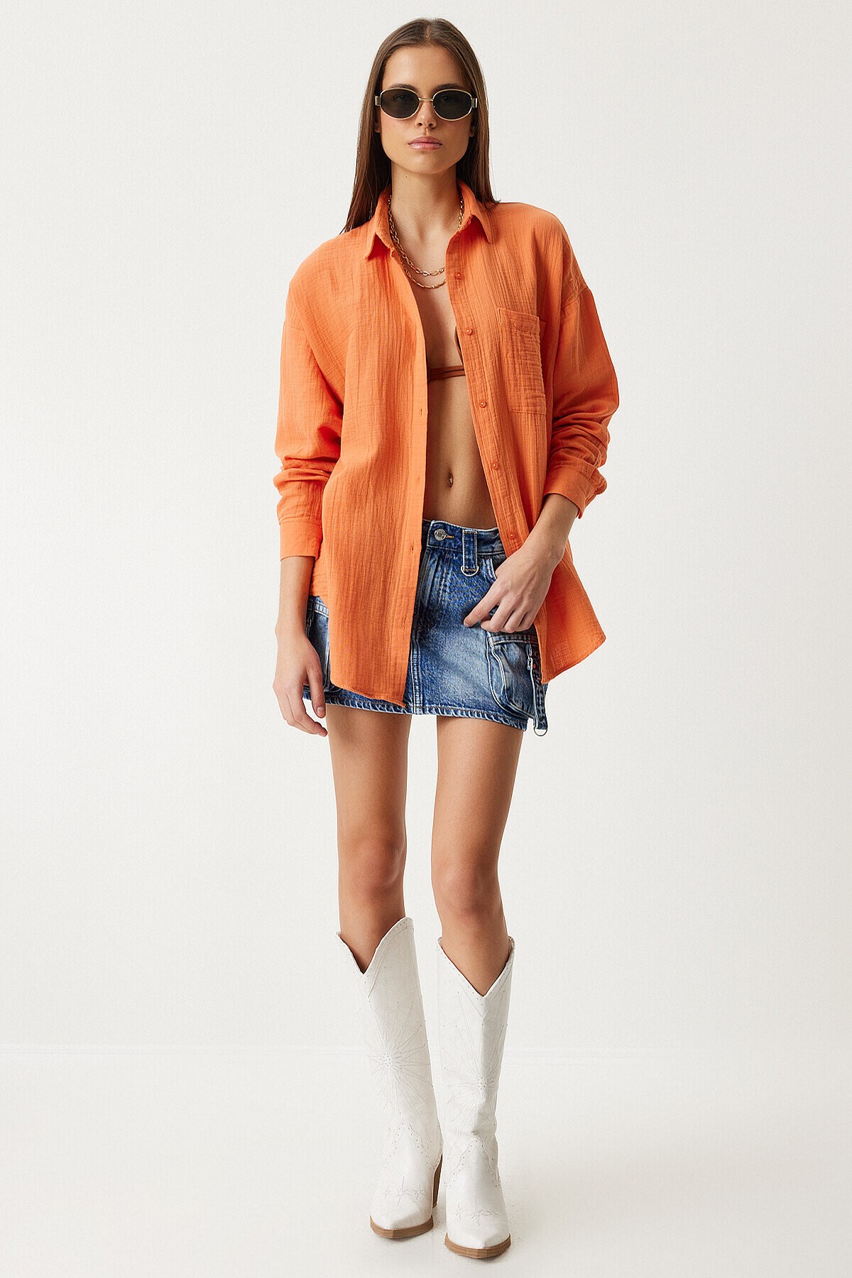 Oversize Basic Müslin Gömlek ORANJ LMX0002