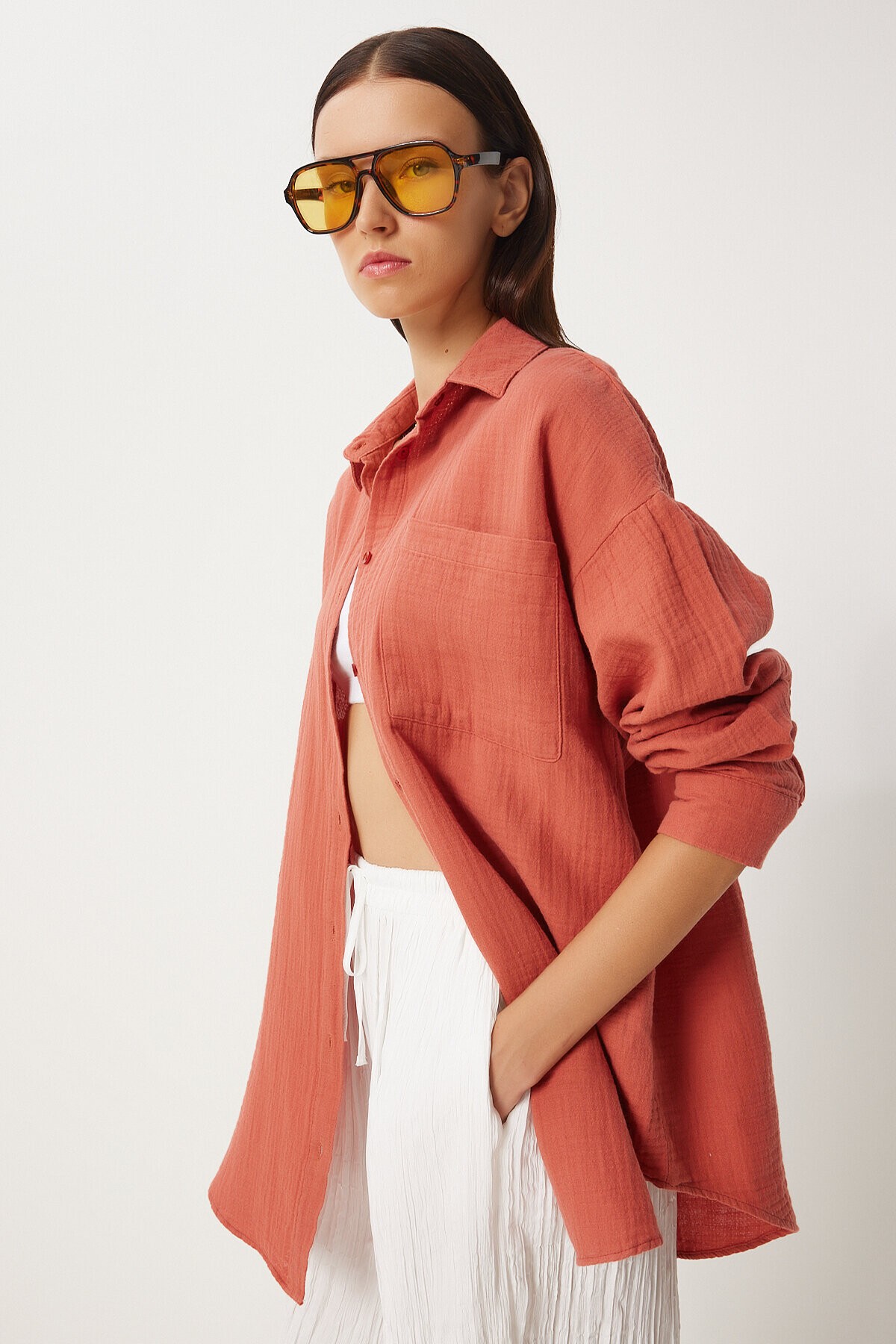 Oversize Basic Müslin Gömlek ŞEFTALİ LMX0002