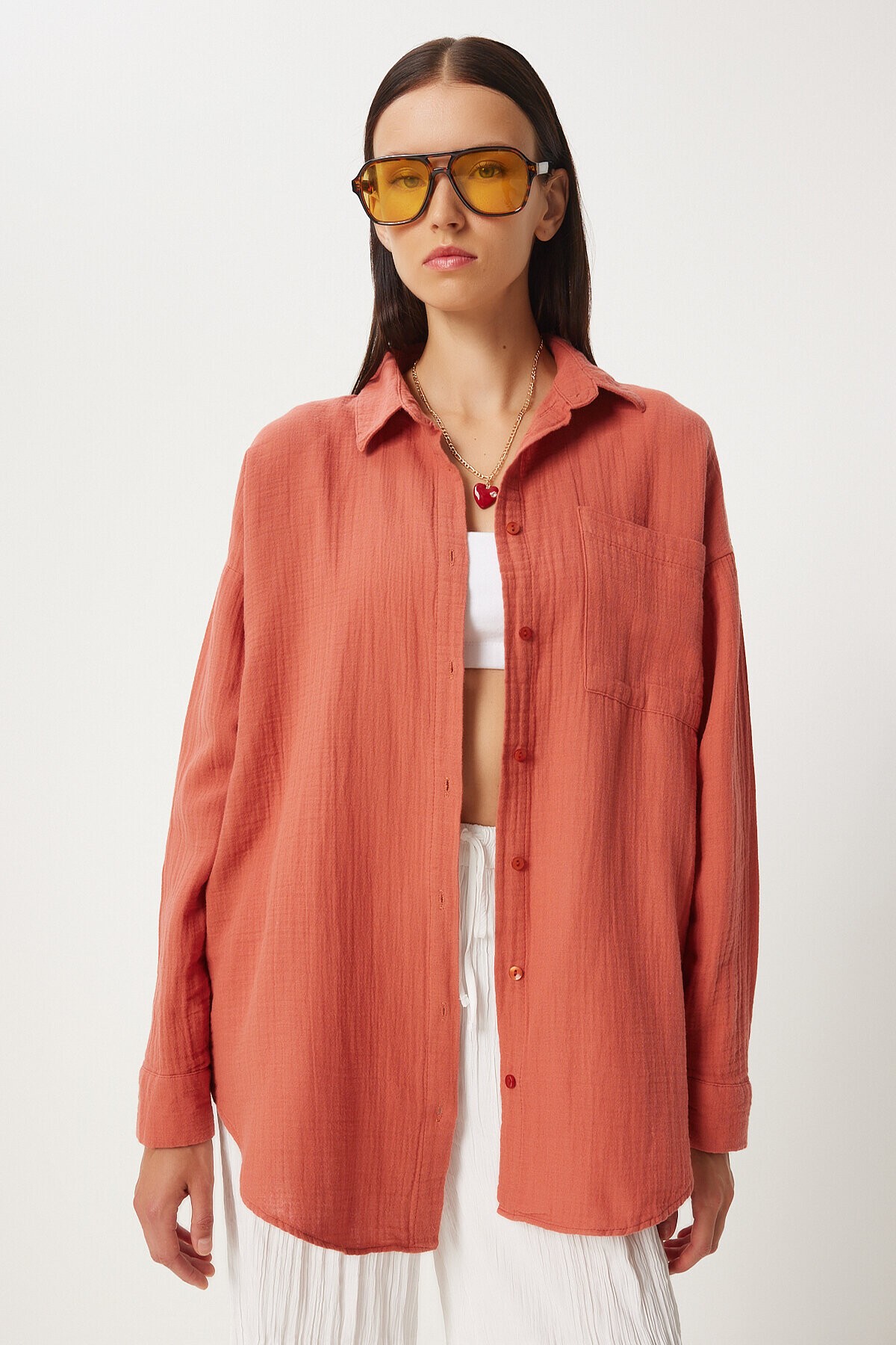 Oversize Basic Müslin Gömlek ŞEFTALİ LMX0002