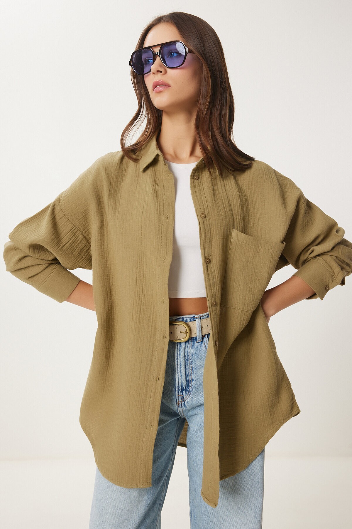 Oversize Basic Müslin Gömlek YAĞ YEŞİLİ LMX0002