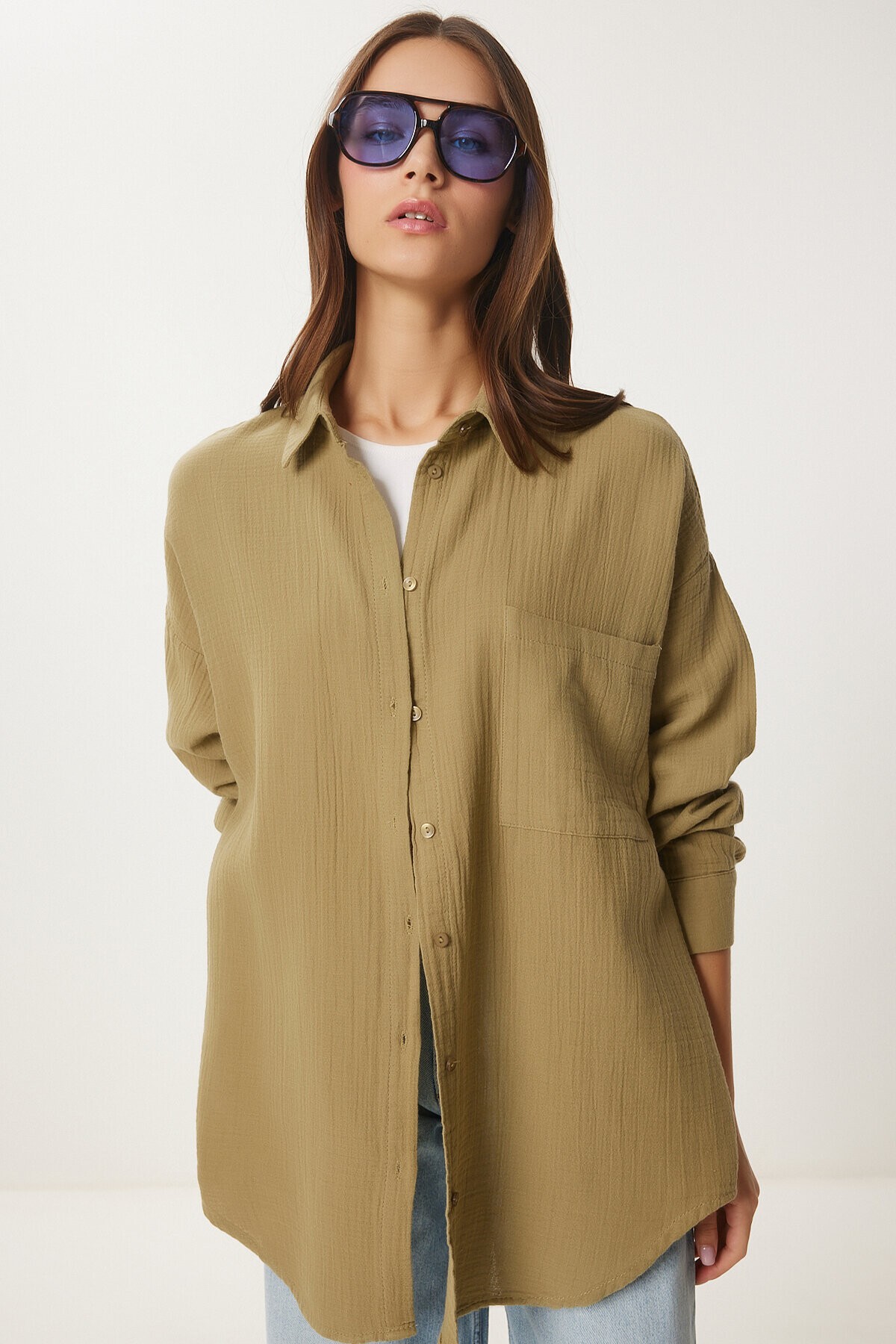 Oversize Basic Müslin Gömlek YAĞ YEŞİLİ LMX0002